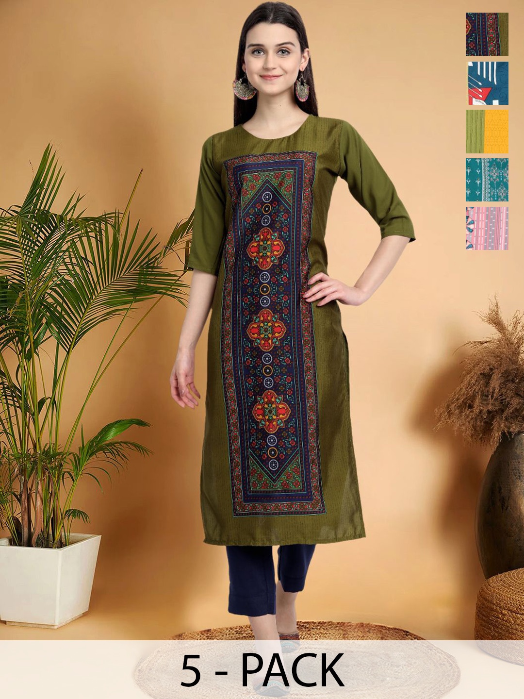 

7Threads Selection of 5 Ethnic Motifs Printed Round Neck Straight Kurta, Olive