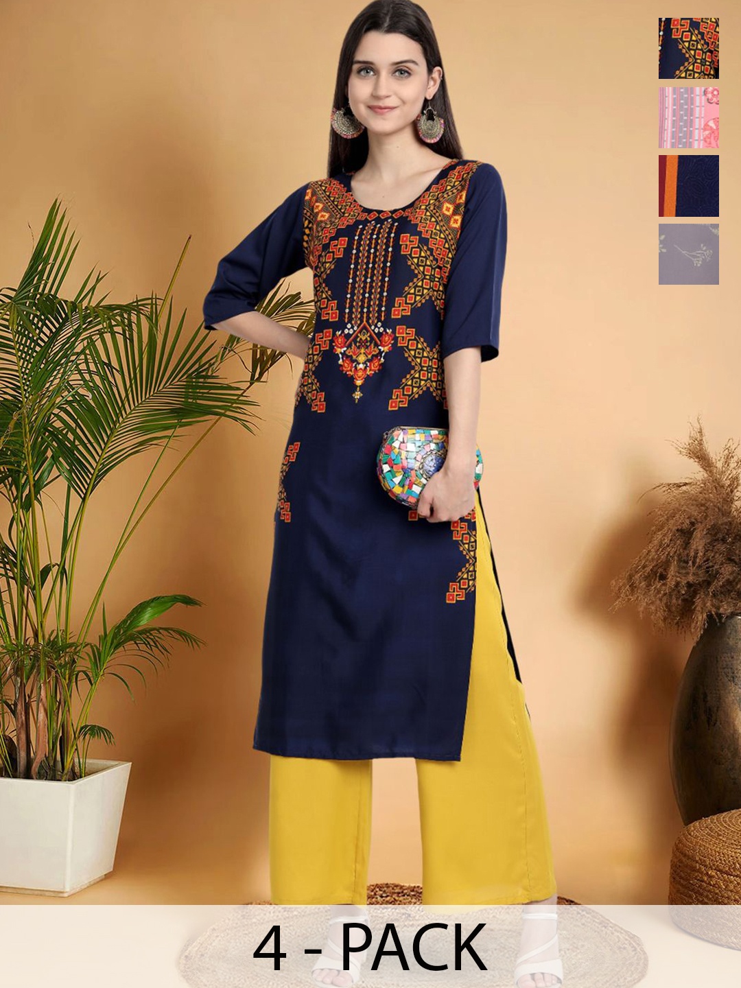 

7Threads Selection of 4 Ethnic Motifs Printed Round Neck Straight Kurtas, Navy blue