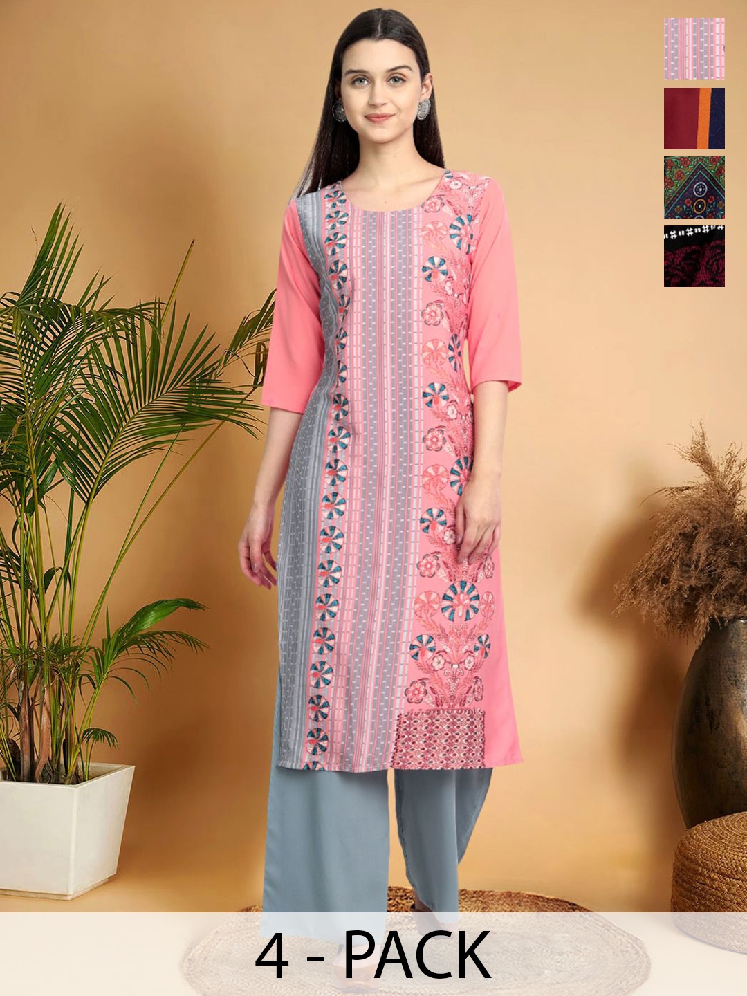 

7Threads Selection Of 4 Ethnic Motifs Printed Round Neck Straight Kurtas, Pink