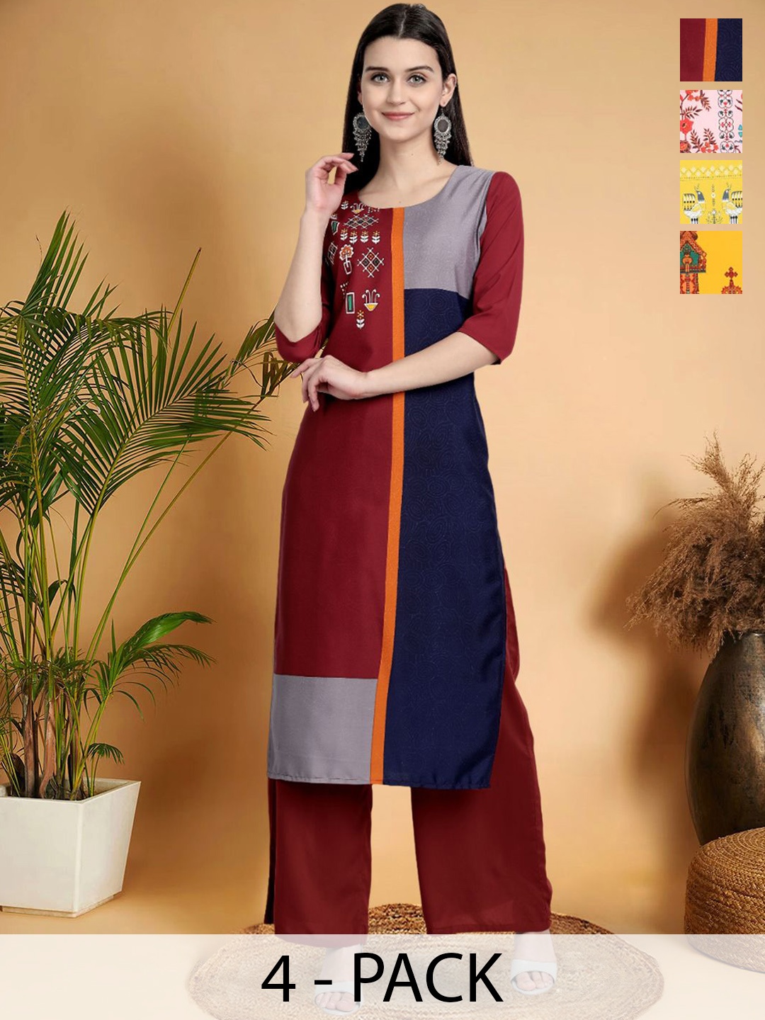 

7Threads Selection Of 4 Colourblocked Printed Round Neck Straight Kurtas, Maroon