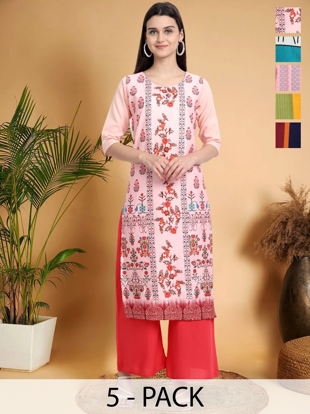 7Threads Selection Of 5 Ethnic Motifs Printed Round Neck Straight Kurtas, Pink