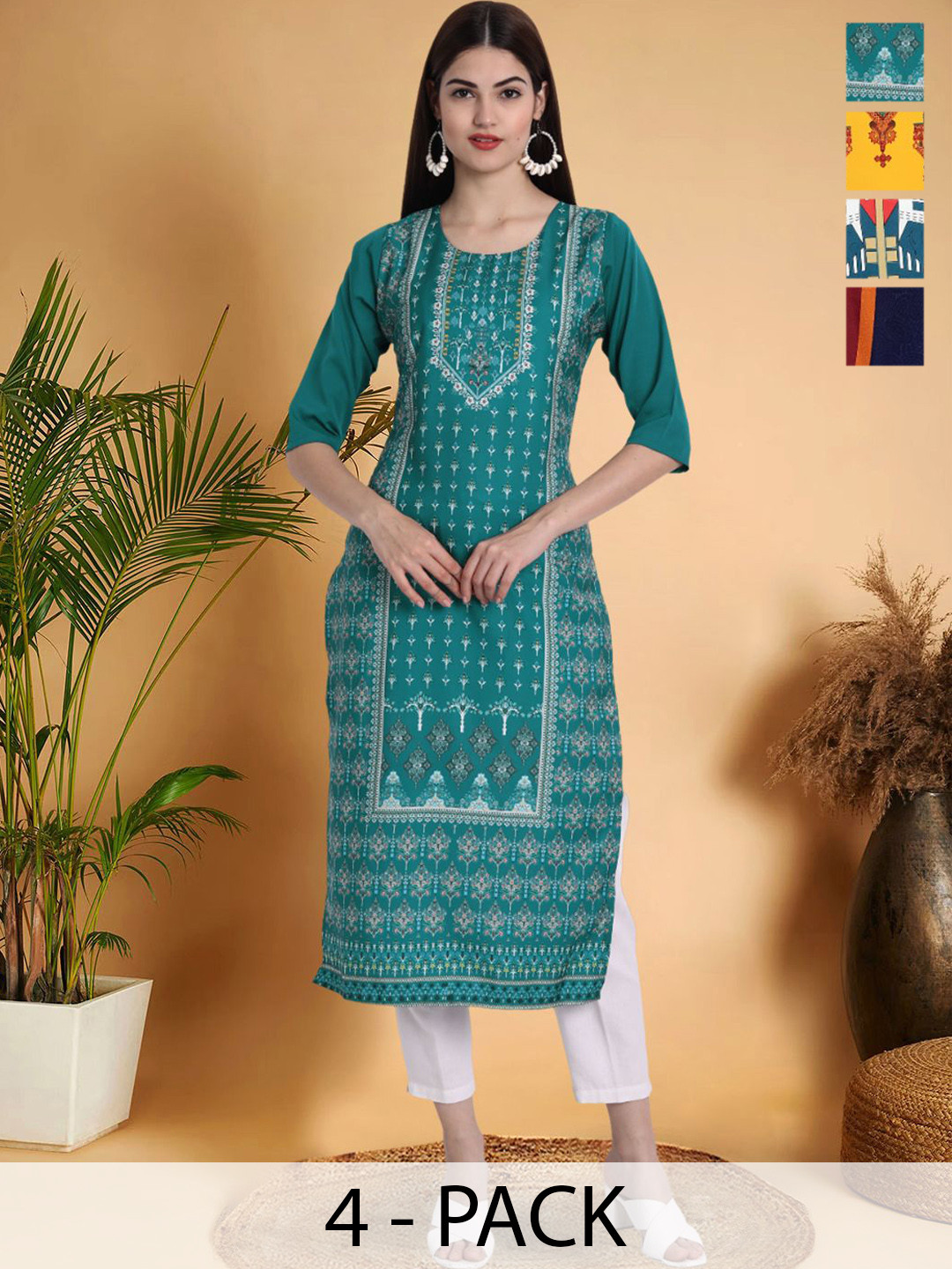 

7Threads Selection Of 4 Ethnic Motifs Printed Round Neck Straight Kurtas, Sea green