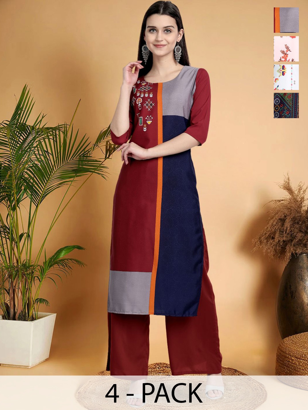 

7Threads Selection Of 4 Colourblocked Printed Round Neck Straight Kurtas, Maroon