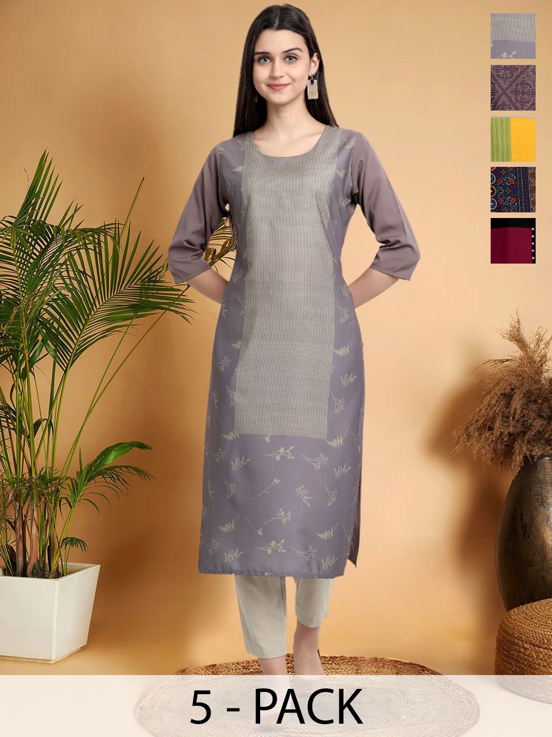 

7Threads Selection Of 5 Ethnic Motifs Printed Round Neck Straight Kurtas, Grey