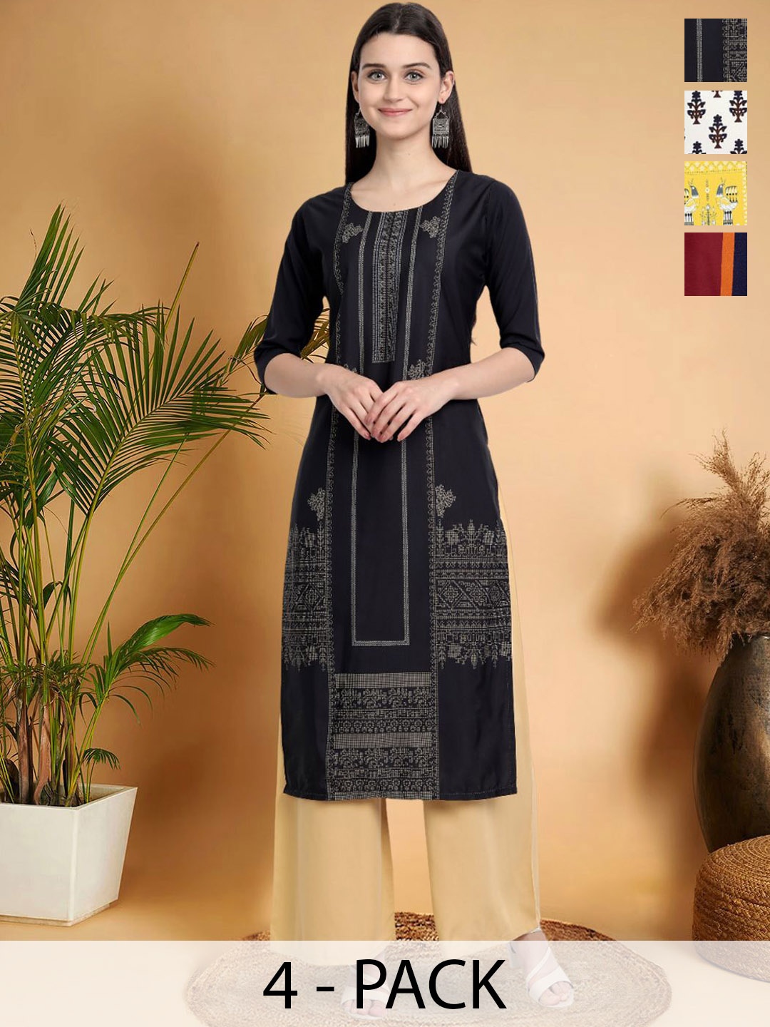 7Threads Selection Of 4 Ethnic Motifs Printed Round Neck Straight Kurtas, Black