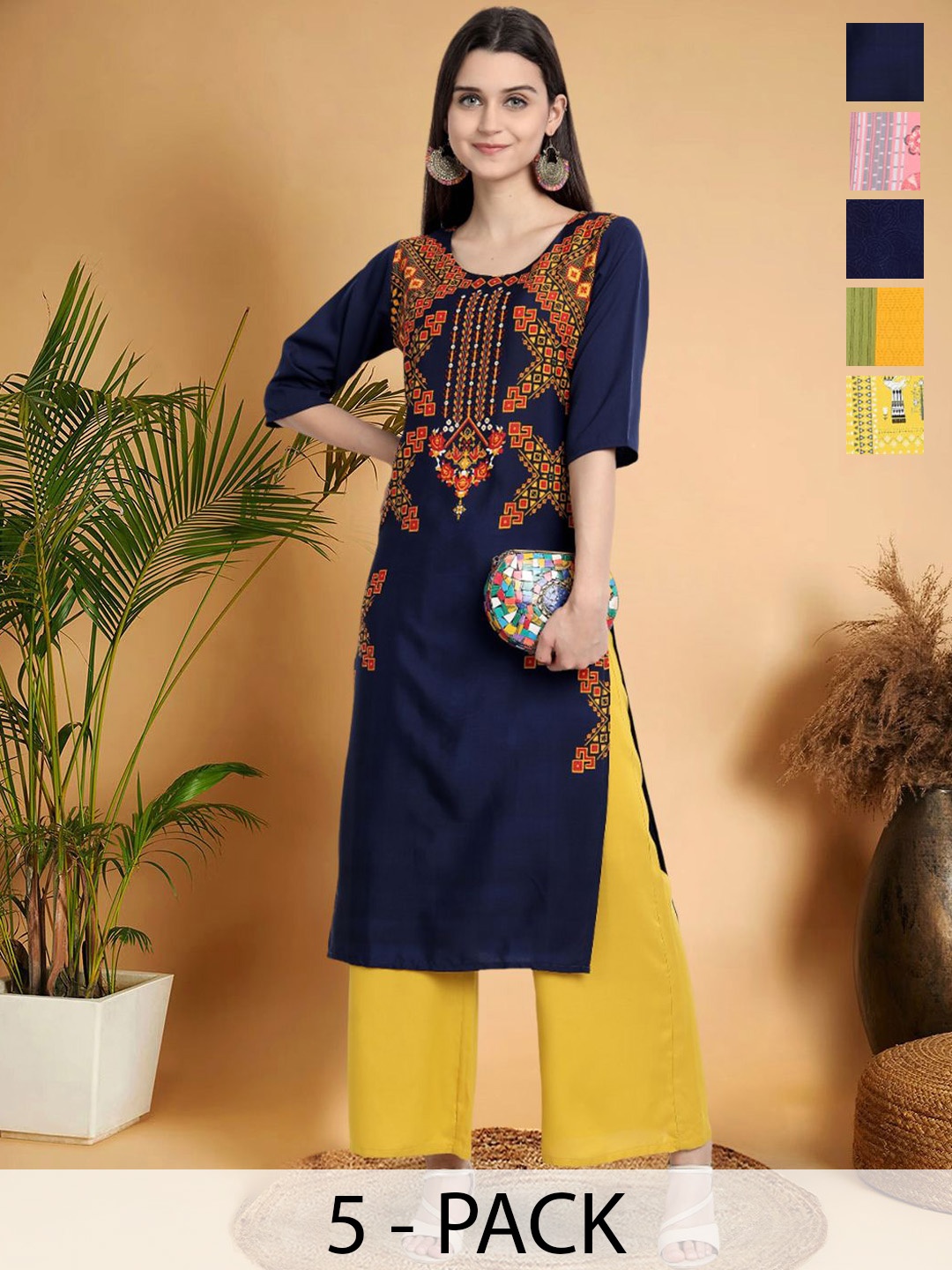 

7Threads Selection Of 5 Ethnic Motifs Printed Round Neck Straight Kurtas, Navy blue