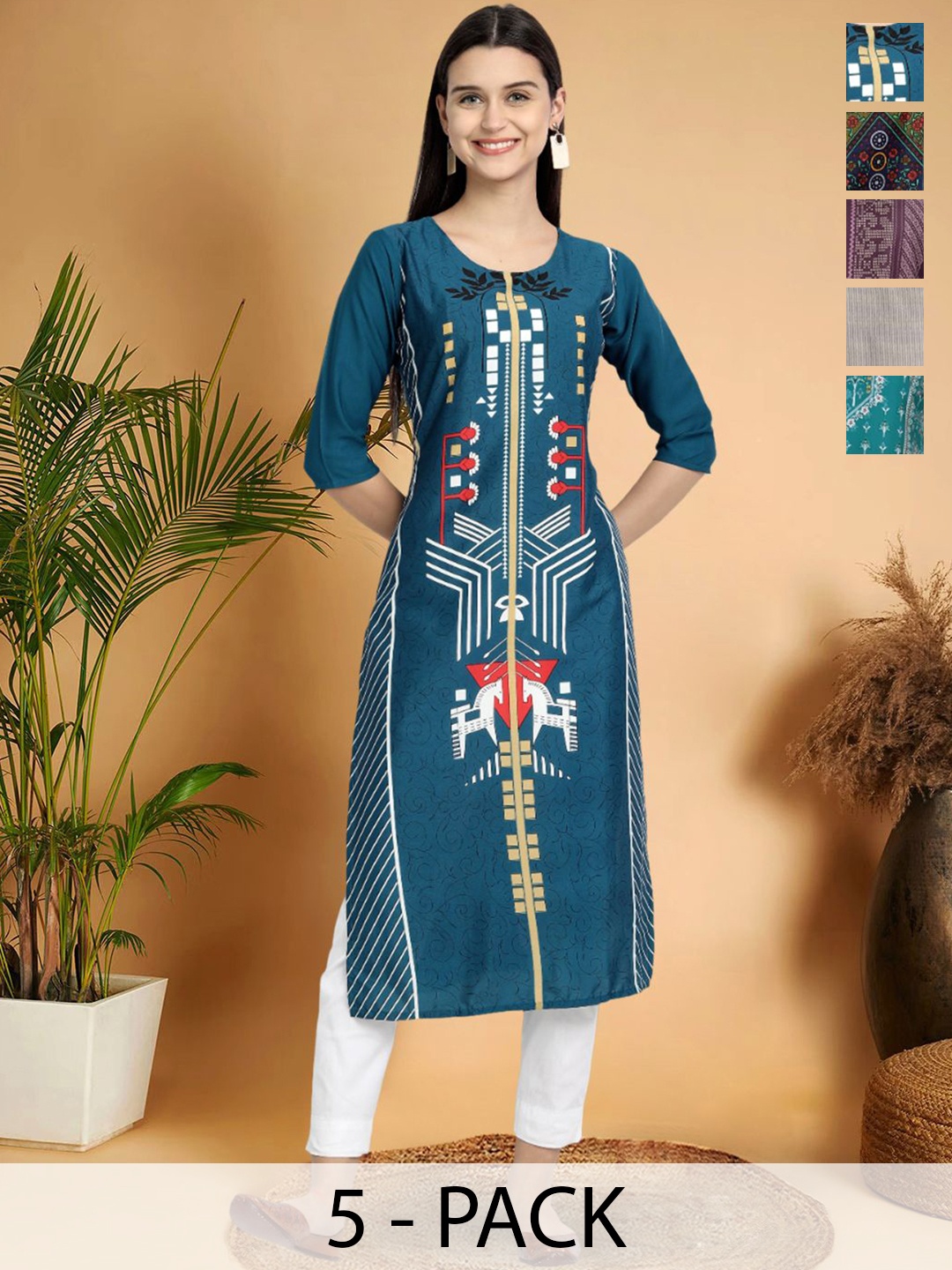 

7Threads Selection Of 5 Geometric Printed Round Neck Straight Kurtas, Turquoise blue