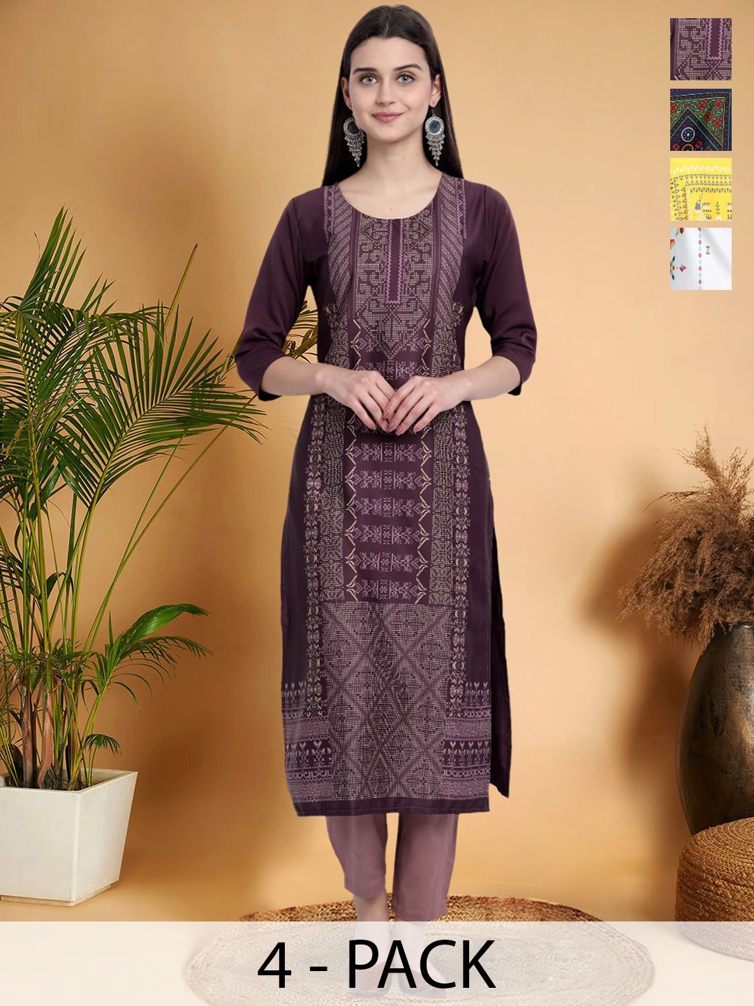 

7Threads Selection Of 4 Ethnic motifs Printed Round Neck Straight Kurtas, Maroon