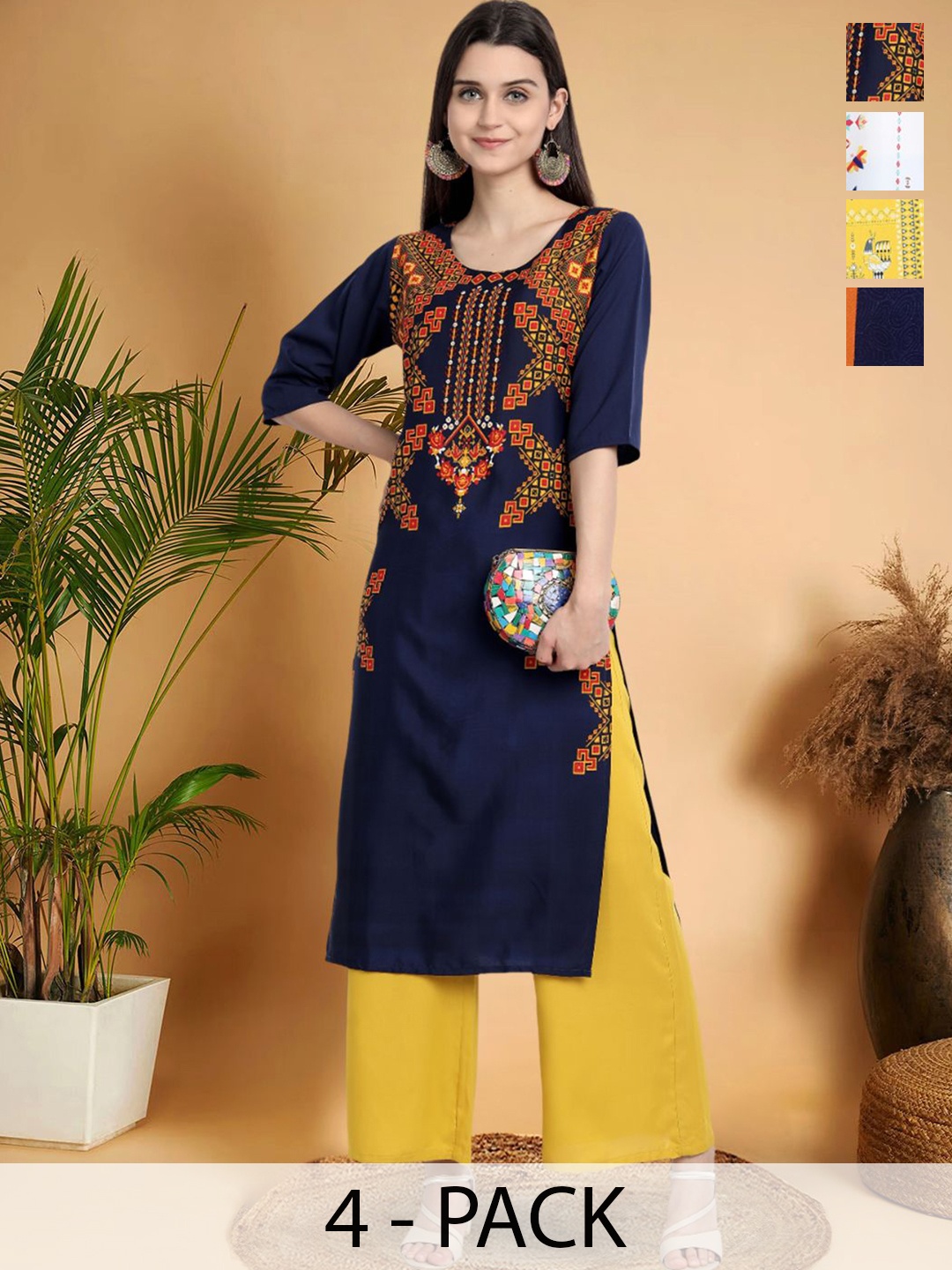

7Threads Selection Of 4 Ethnic Motifs Printed Round Neck Straight Kurtas, Navy blue