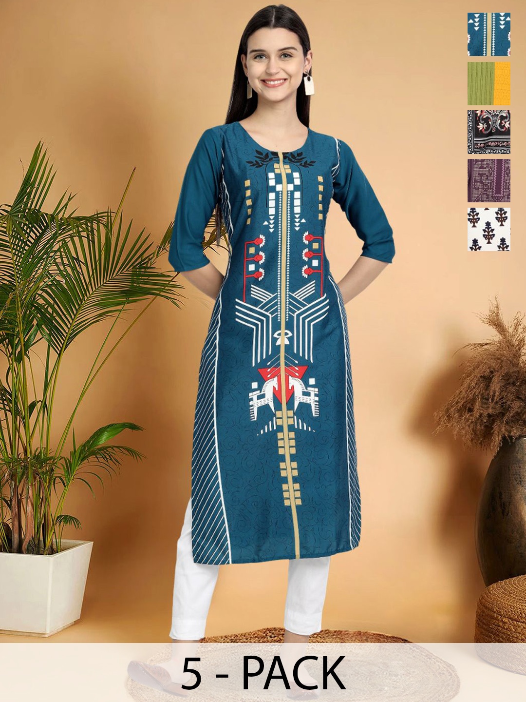 

7Threads Selection Of 5 Geometric Printed Round Neck Straight Kurtas, Turquoise blue