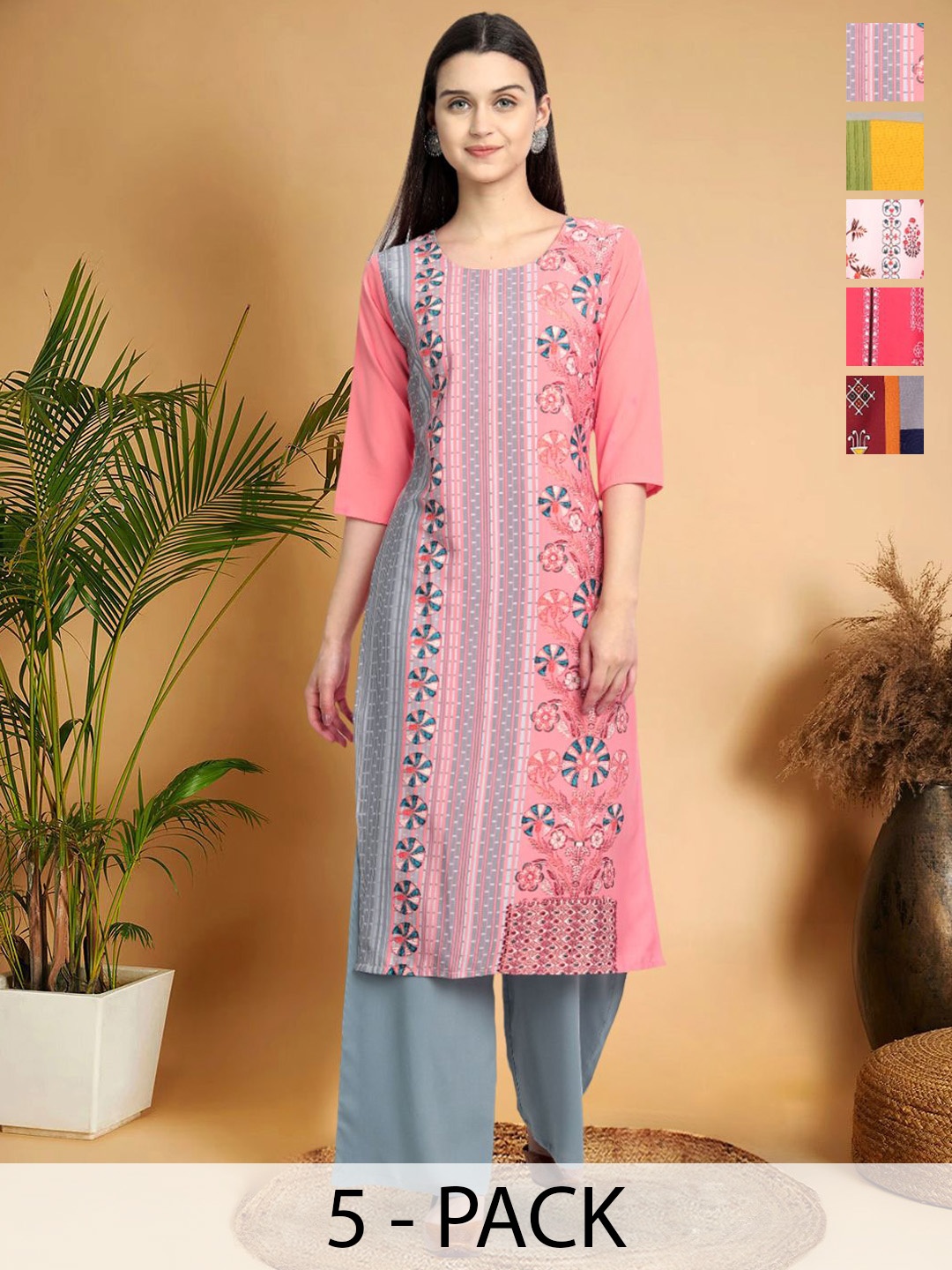 7Threads Selection Of 5 Ethnic Motifs Printed Round Neck Straight Kurtas, Pink