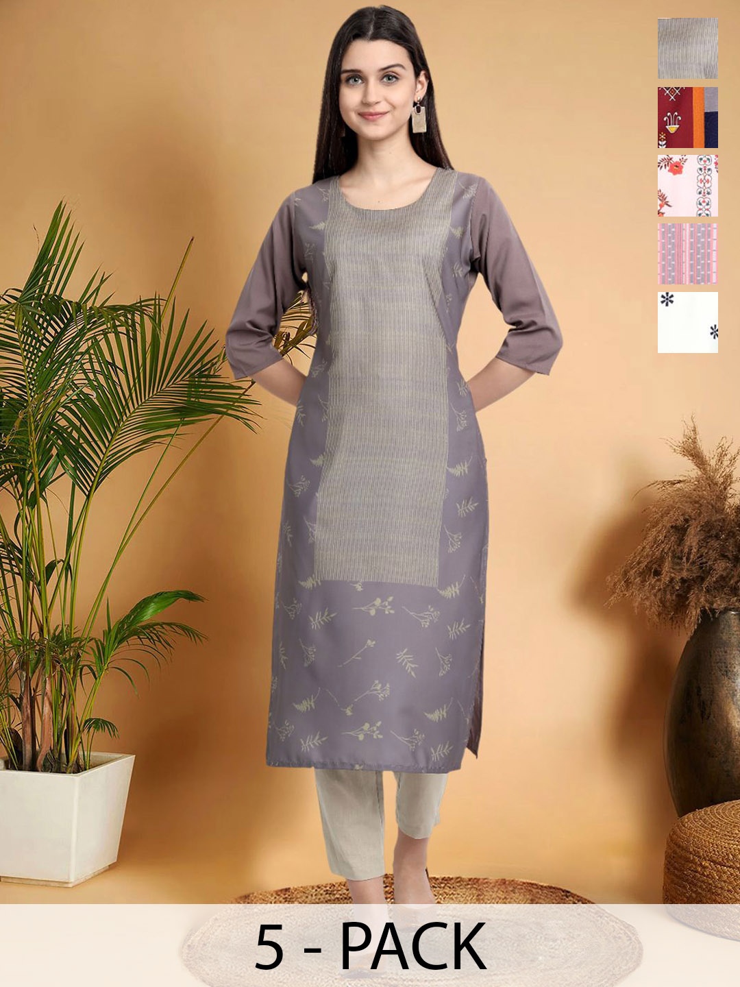 7Threads Selection of 5 Floral Printed Round Neck Straight Kurtas, Grey