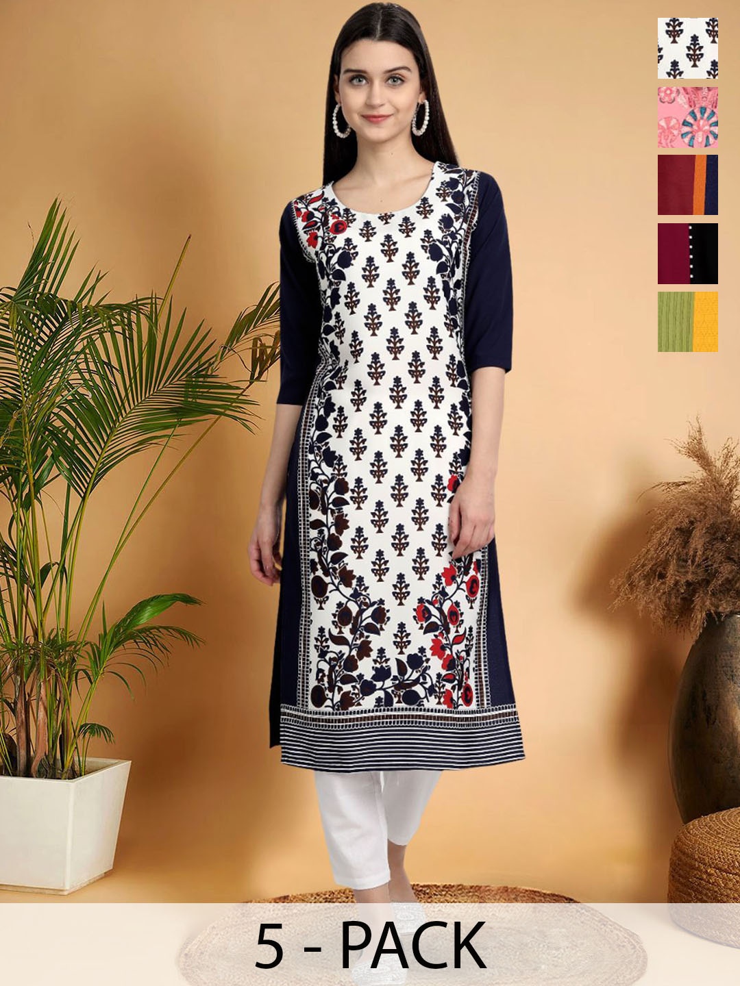 

7Threads Selection Of 5 Ethnic Motifs Printed Round Neck Straight Kurtas, Black