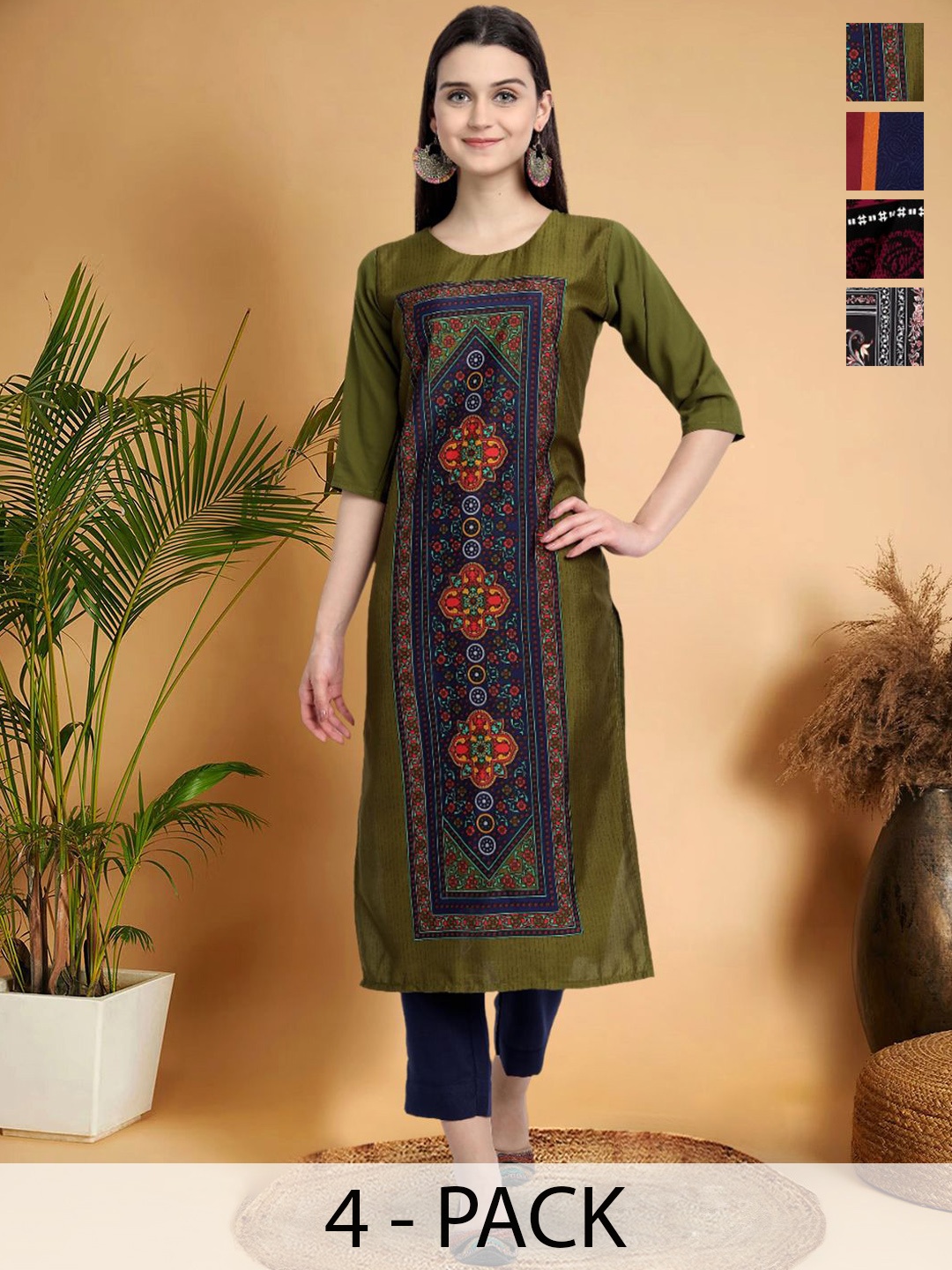 

7Threads Selection of 4 Ethnic Motifs Printed Round Neck Straight Kurtas, Green