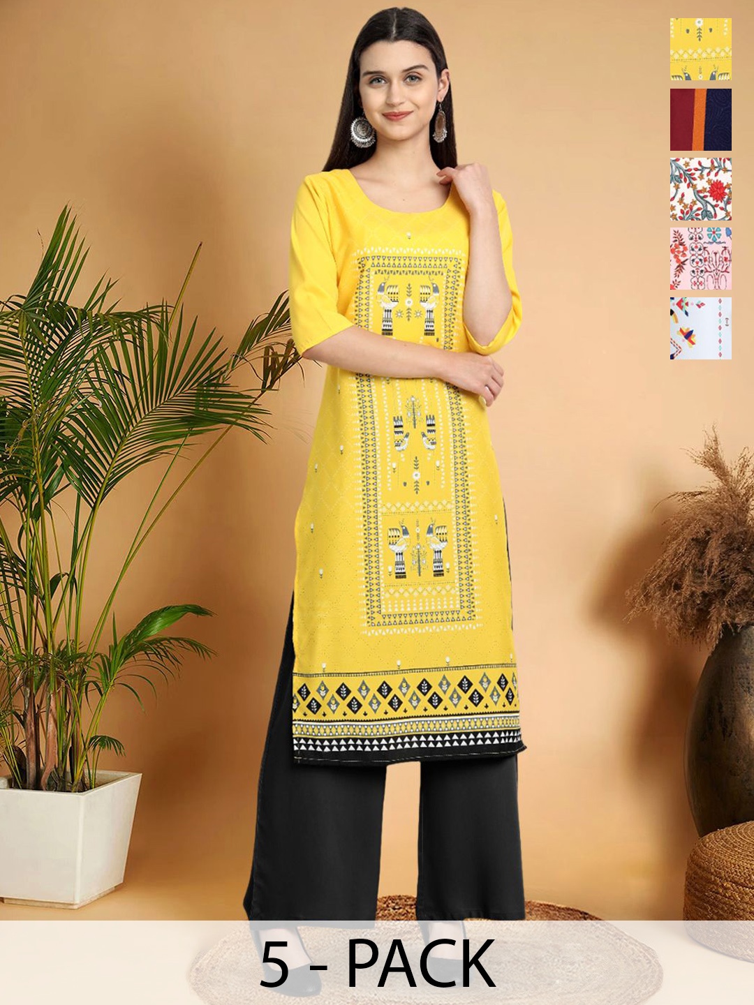 

7Threads Selection of 5 Ethnic Motifs Printed Round Neck Straight Kurtas, Yellow
