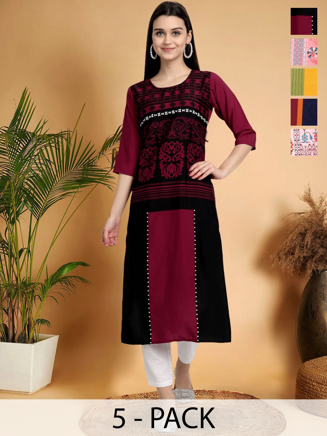 

7Threads Selection of 5 Ethnic Motifs Printed Round Neck Straight Kurtas, Maroon