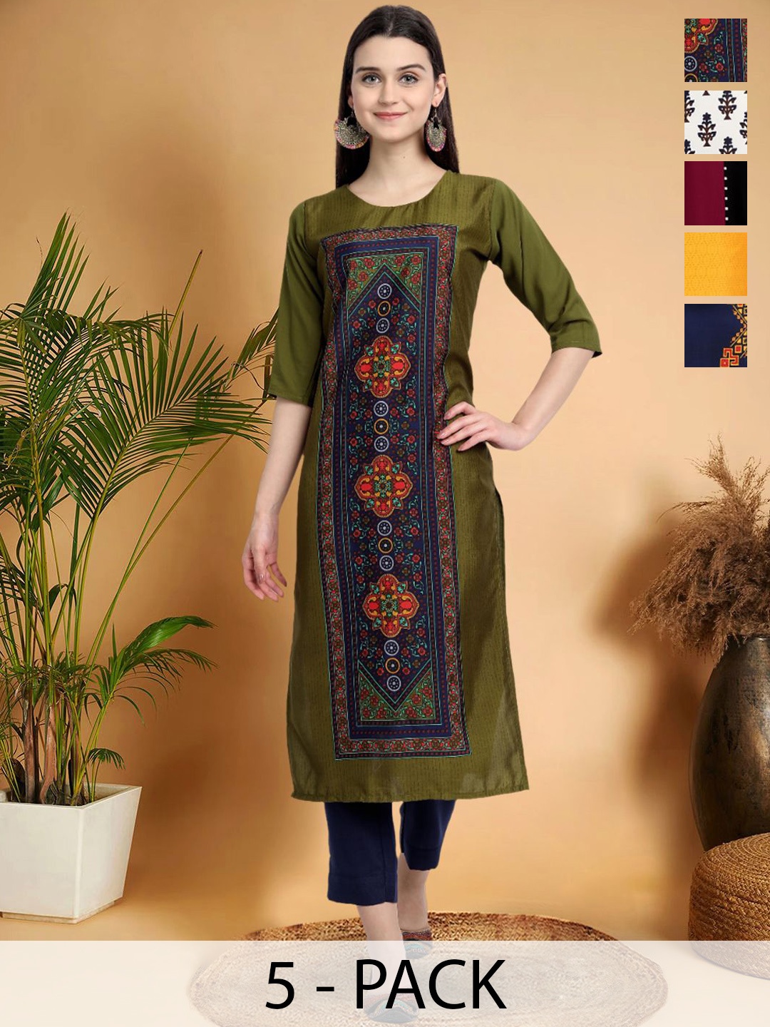 

7Threads Selection of 5 Ethnic Motifs Printed Round Neck Straight Kurtas, Green