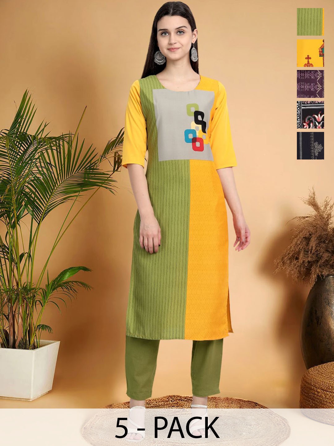 

7Threads Selection of 5 Colourblocked Printed Round Neck Straight Kurtas, Green