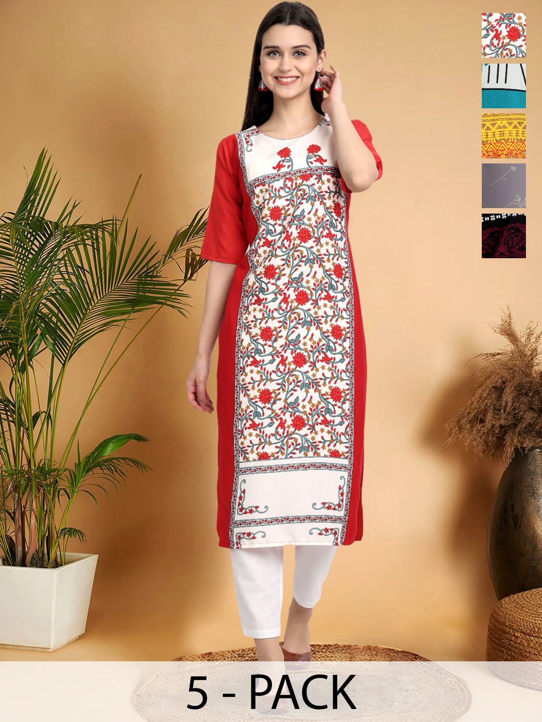 

7Threads Selection Of 5 Ethnic Motifs Printed Round Neck Straight Kurtas, Red