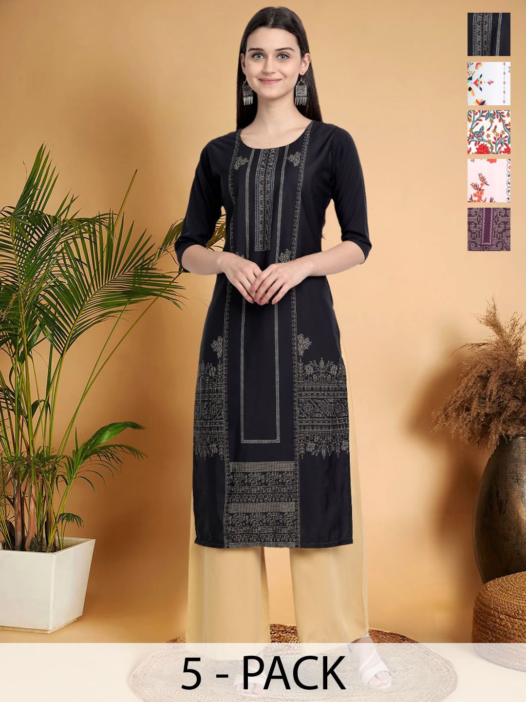 

7Threads Selection Of 5 Ethnic Motifs Printed Round Neck Straight Kurtas, Black