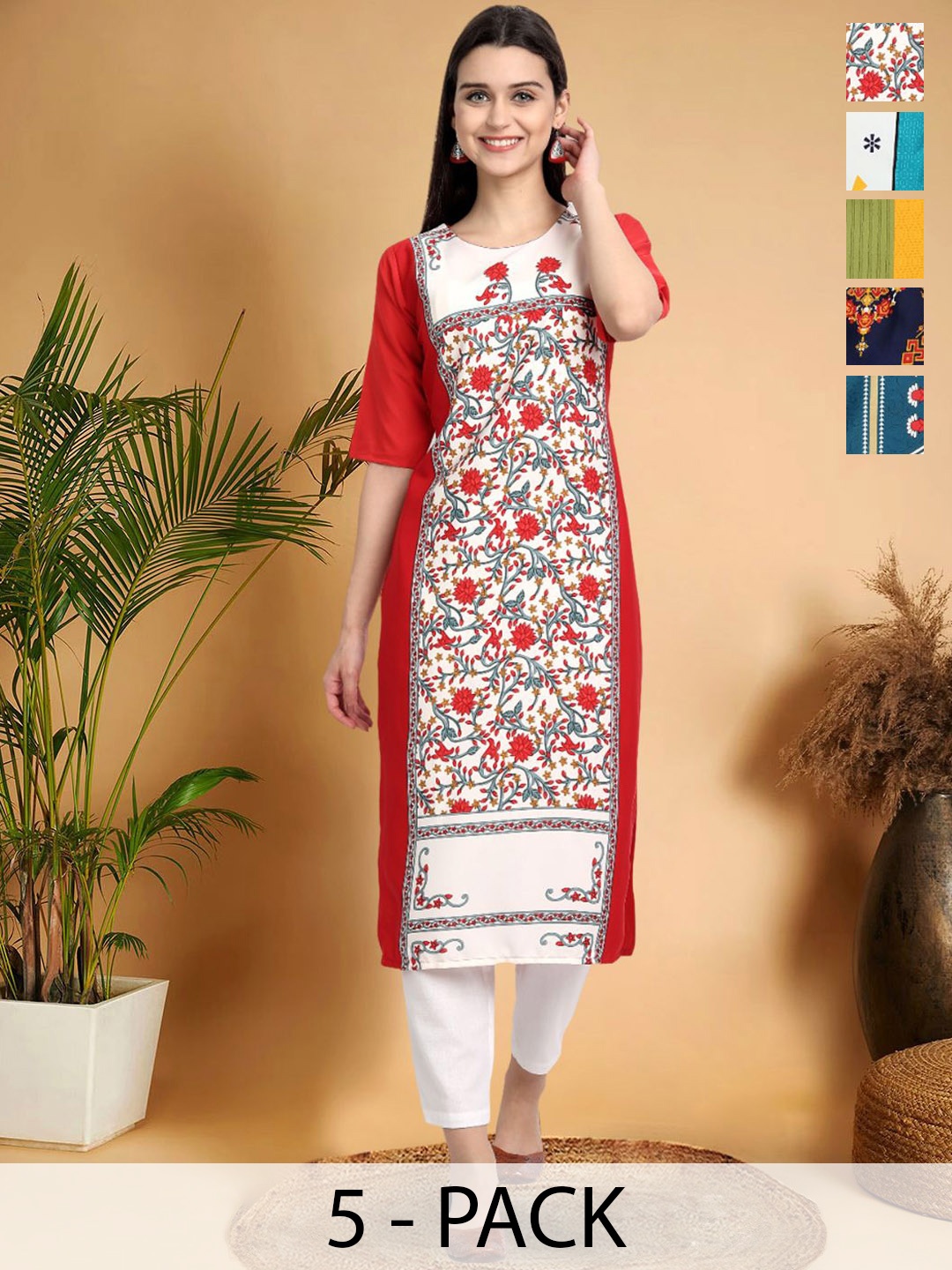 

7Threads Selection Of 5 Ethnic Motifs Printed Round Neck Straight Kurtas, Red