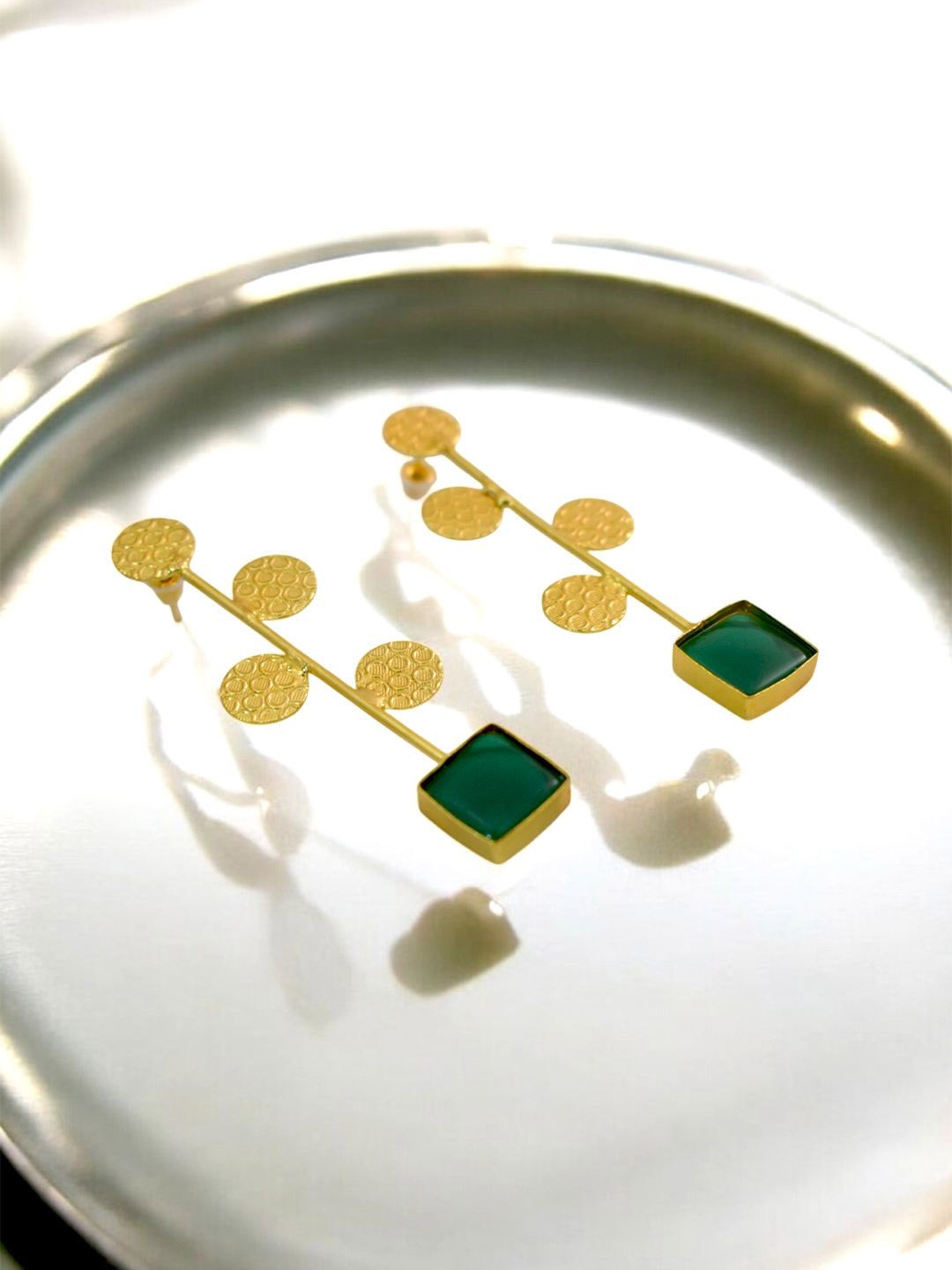 

TISHUL JEWELS Gold-Plated Artificial Stone Studded Contemporary Drop Earrings, Green