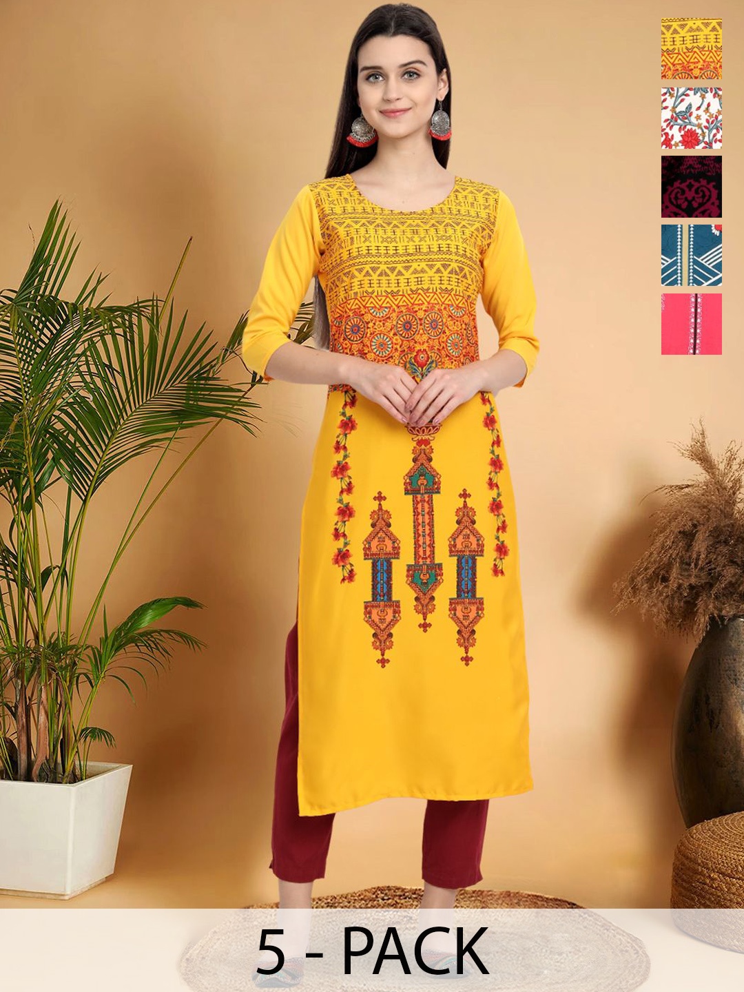 

7Threads Selection Of 5 Ethnic Motifs Printed Round Neck Straight Kurtas, Yellow