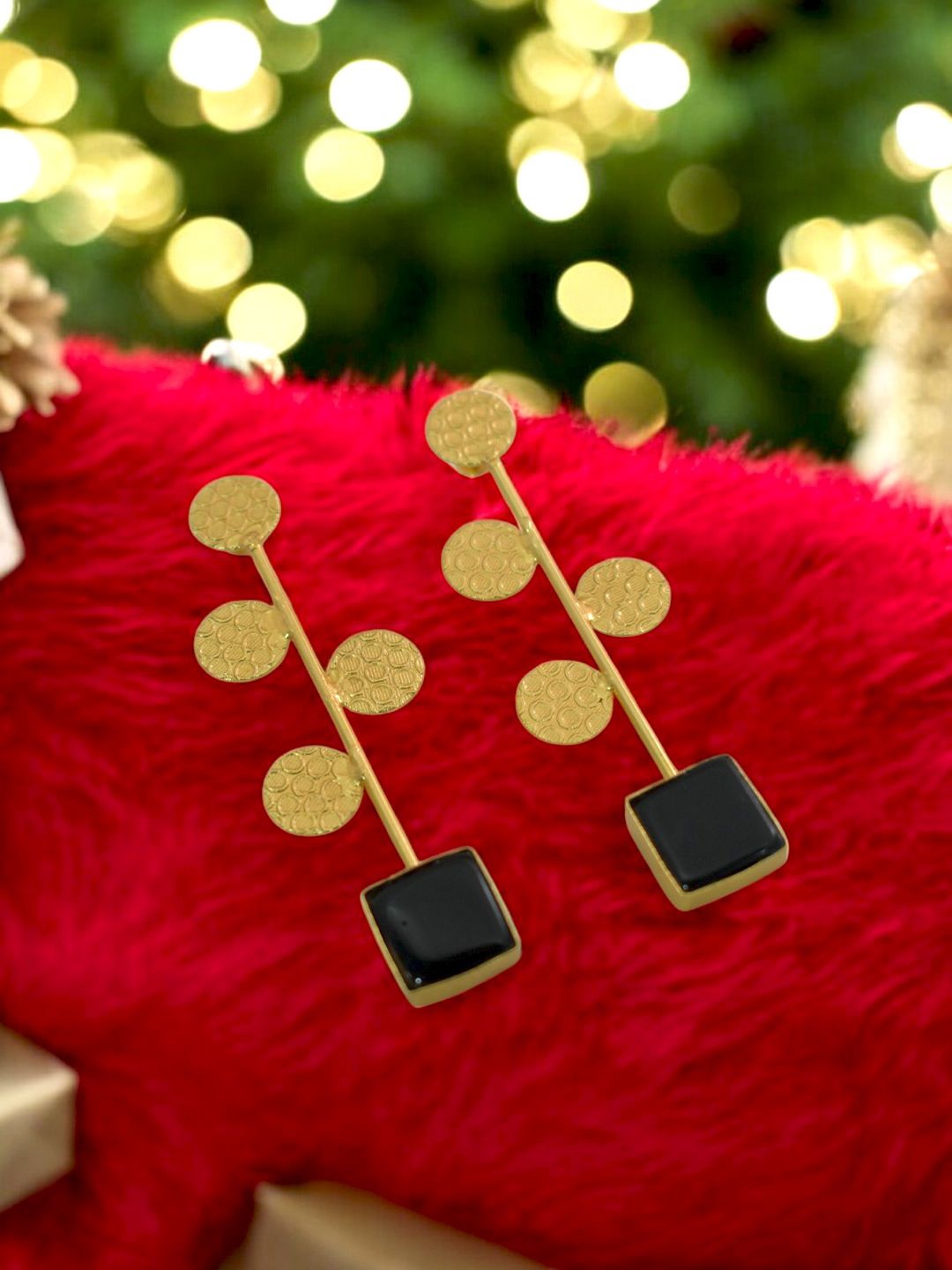 

TISHUL JEWELS Gold-Plated Artificial Stone Studded Contemporary Drop Earrings, Black