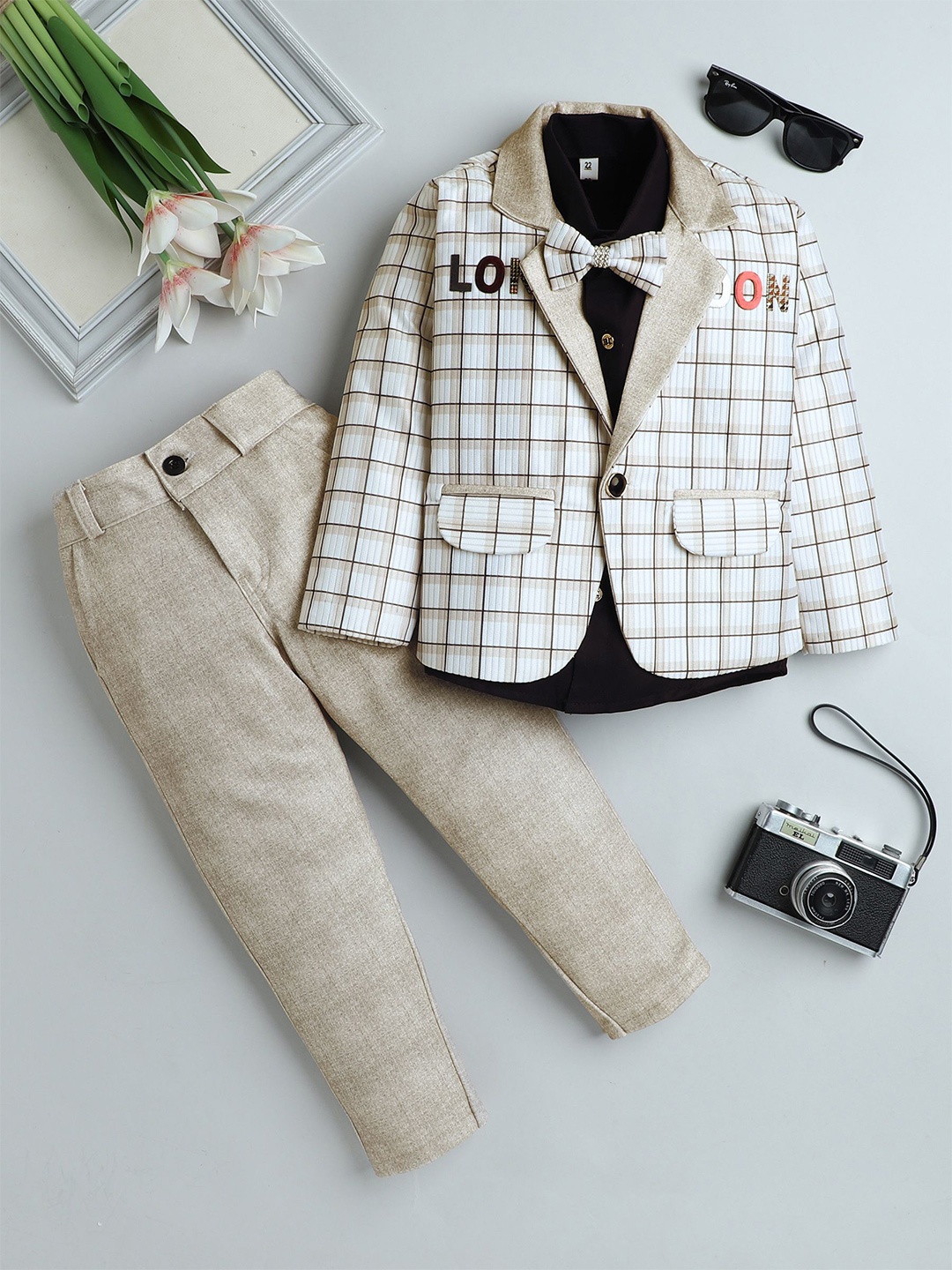 

Fourfolds Boys Checked Single-Breasted Blazer With Trouser And Shirt 3-Piece Suit, Brown