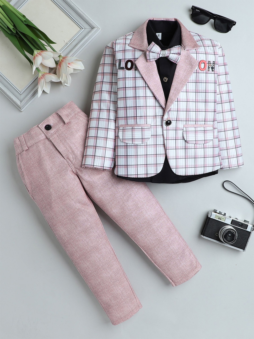 

Fourfolds Boys Checked Single-Breasted Blazer With Trouser And Shirt 3-Piece Suit, Pink