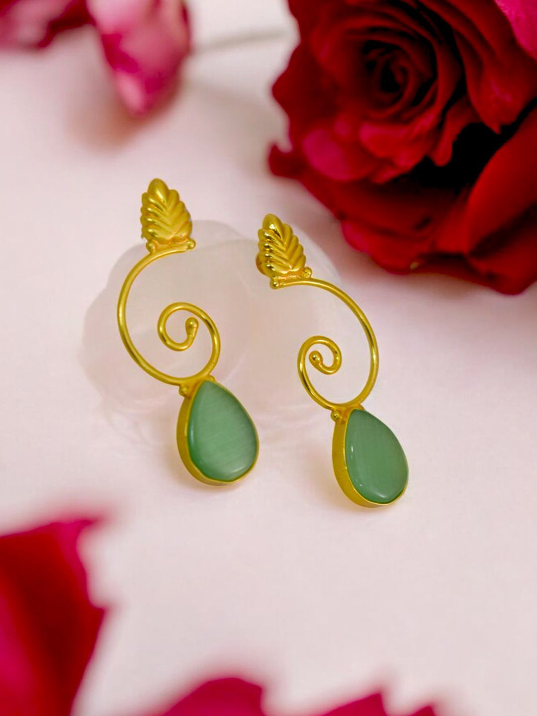

TISHUL JEWELS Gold-Plated Artificial Stone Studded Contemporary Drop Earrings, Sea green