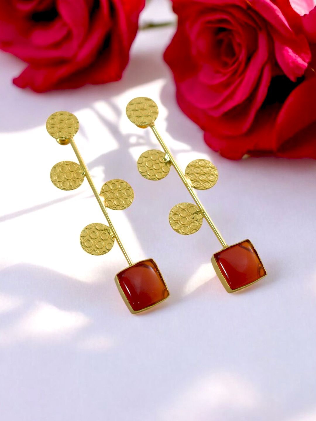 

TISHUL JEWELS Gold-Plated Artificial Stone Studded Contemporary Drop Earrings, Brown