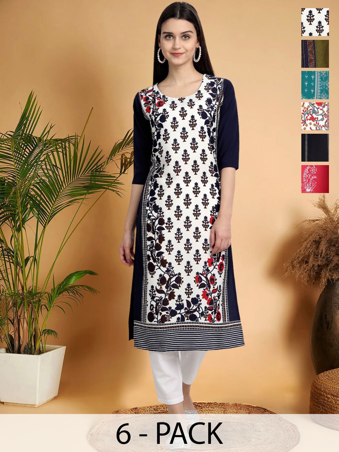 

7Threads Selection Of 6 Ethnic Motifs Printed Round Neck Straight Kurtas, Black