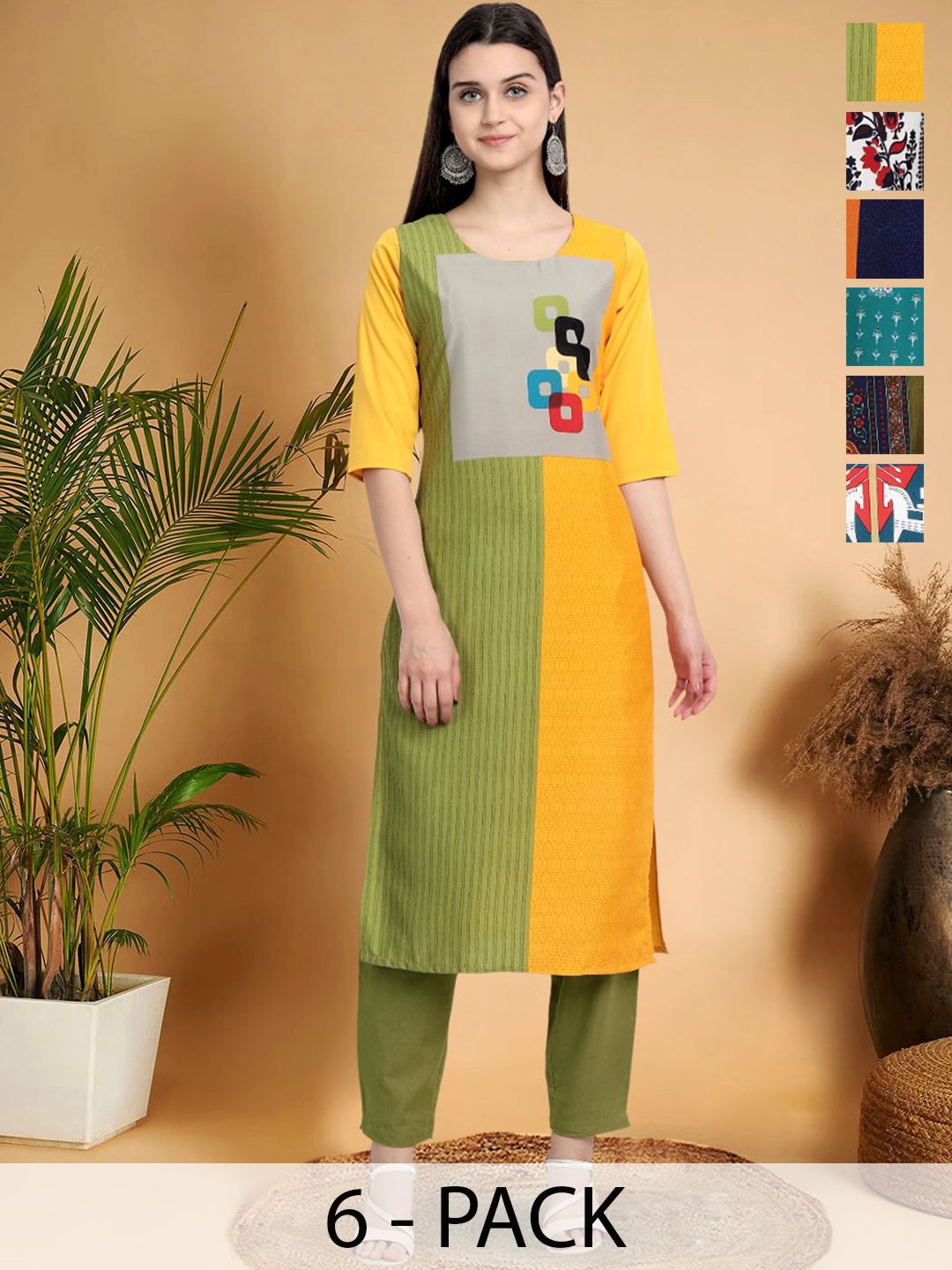 

7Threads Selection Of 6 Colourblocked Printed Round Neck Straight Kurtas, Yellow