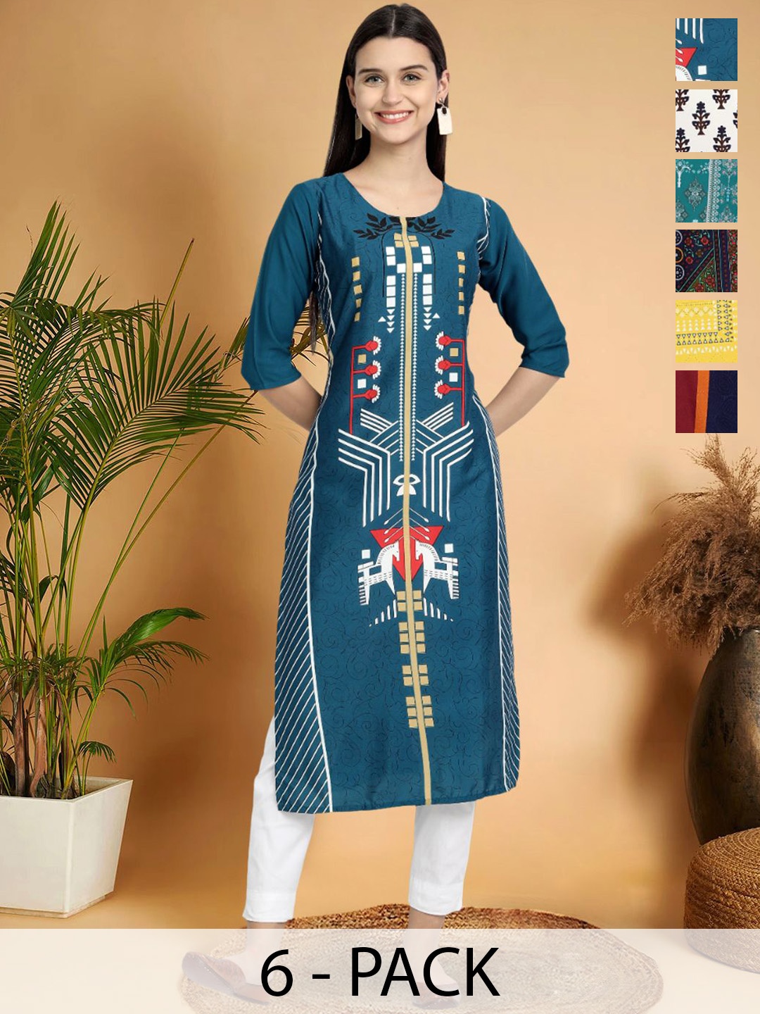 

7Threads Selection Of 6 Ethnic Motifs Printed Round Neck Straight Kurtas, Blue