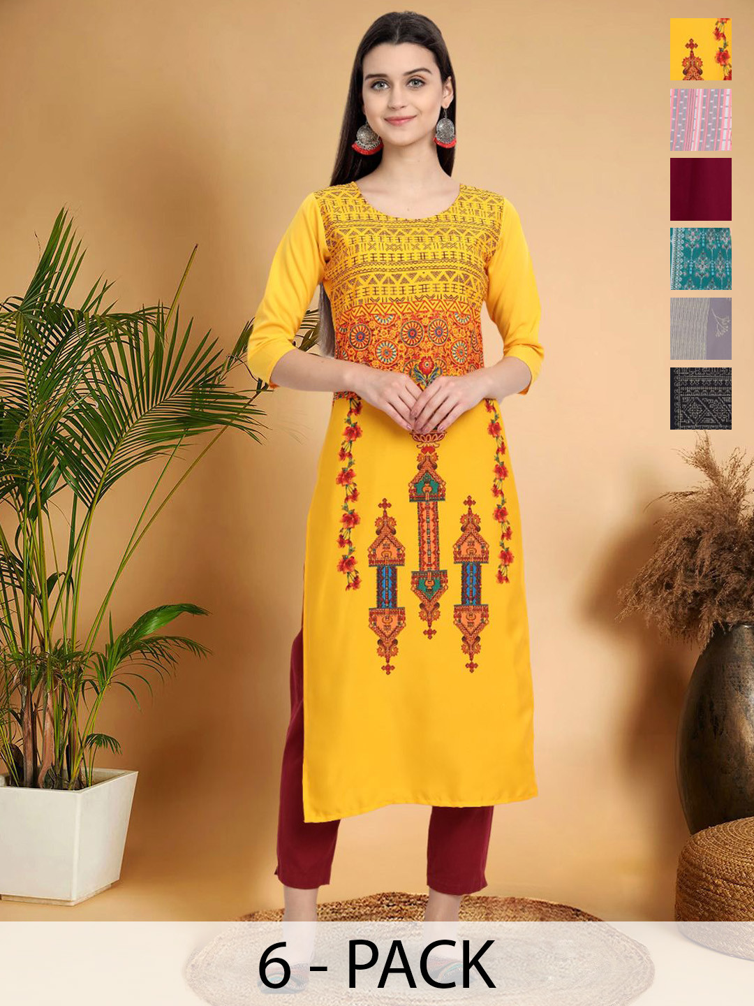 

7Threads Selection Of 6 Ethnic Motifs Printed Round Neck Straight Kurtas, Yellow