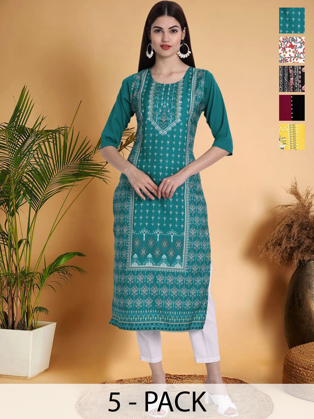 

7Threads Selection Of 5 Ethnic Motifs Printed Round Neck Straight Kurtas, Sea green