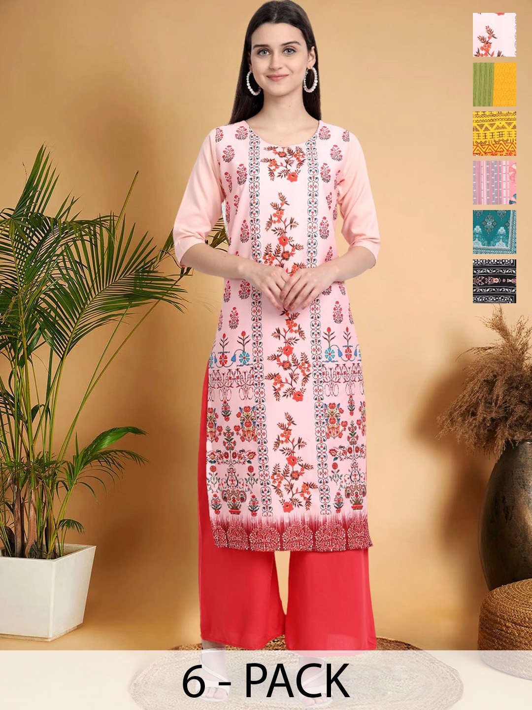 

7Threads Selection Of 6 Ethnic Motifs Printed Round Neck Straight Kurtas, Pink