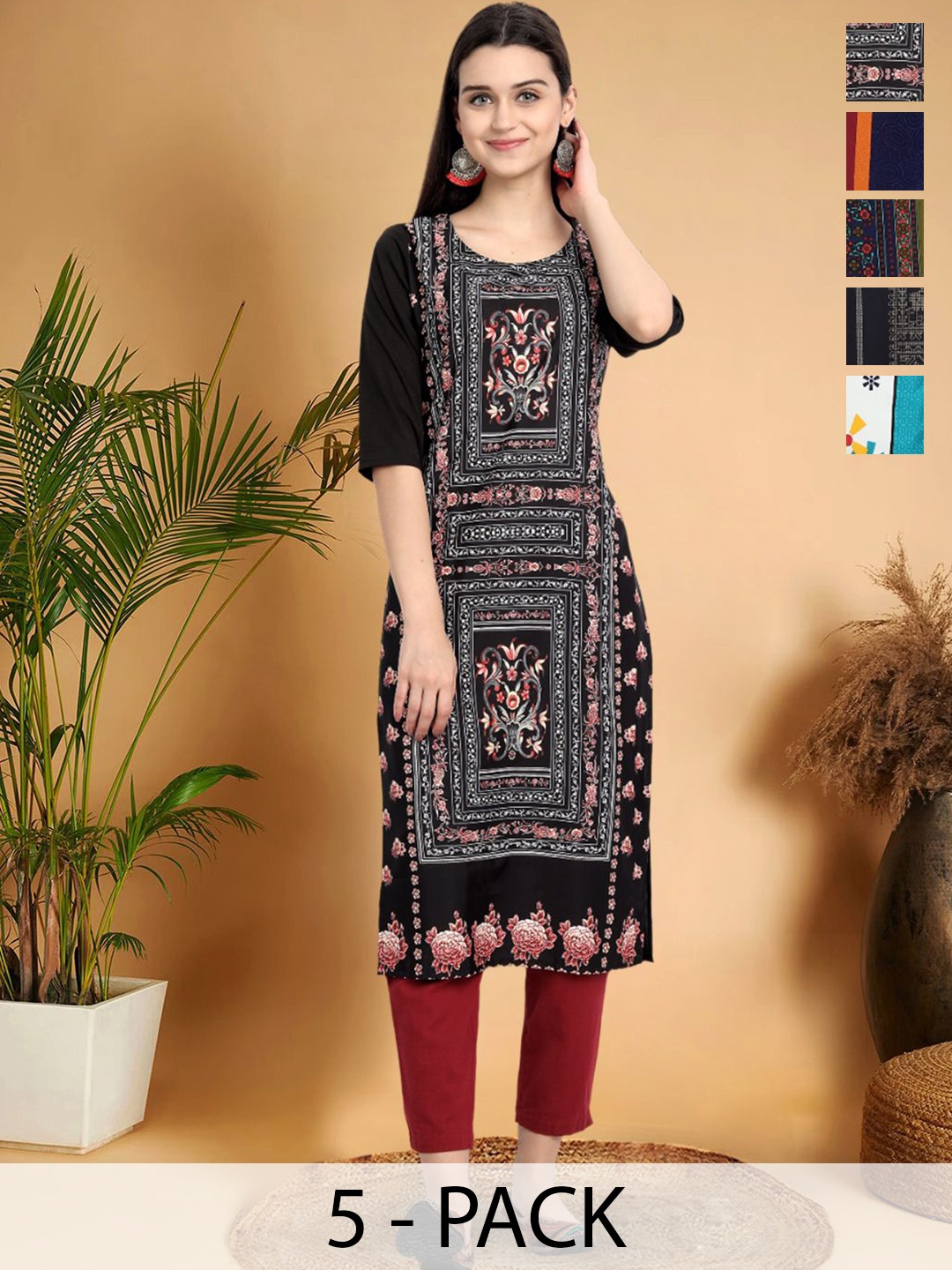 

7Threads Selection Of 5 Ethnic Motifs Printed Round Neck Straight Kurtas, Black