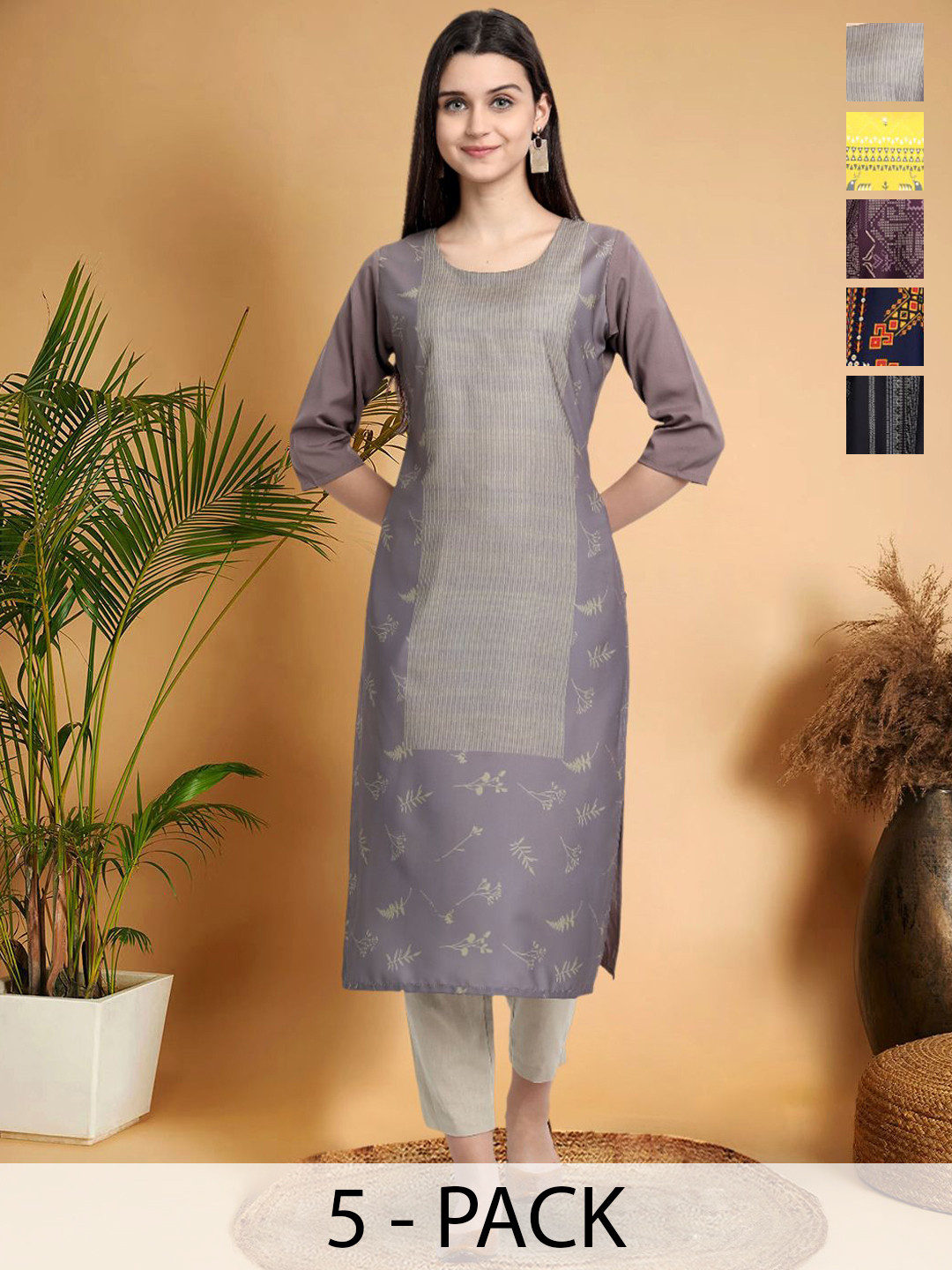 

7Threads Selection Of 5 Ethnic Motifs Printed Round Neck Straight Kurtas, Grey