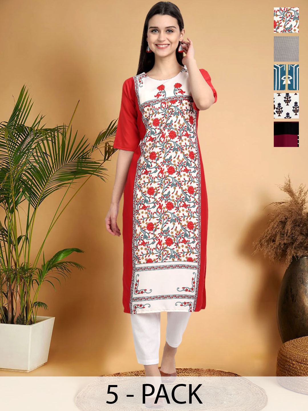 

7Threads Selection Of 5 Floral Printed Round Neck Straight Kurtas, Red