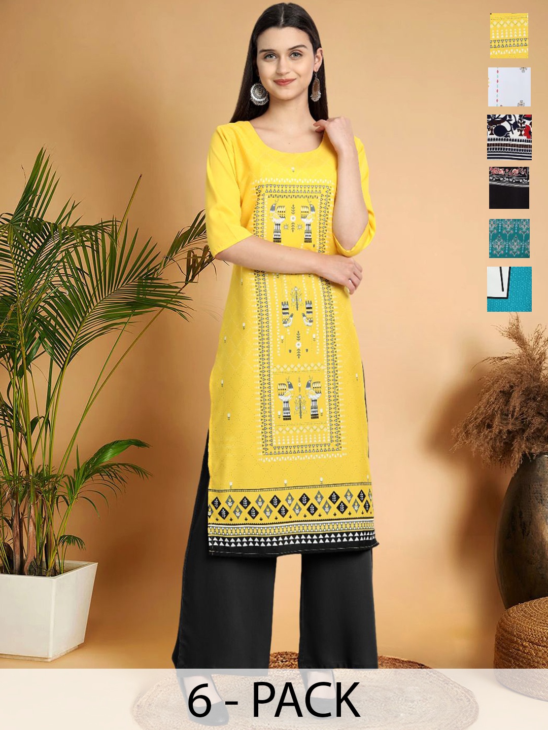 

7Threads Selection Of 6 Ethnic Motifs Printed Round Neck Straight Kurtas, Yellow