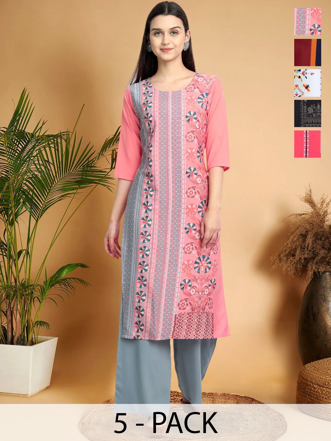 7Threads Selection Of 5 Ethnic Motifs Printed Round Neck Straight Kurtas, Pink
