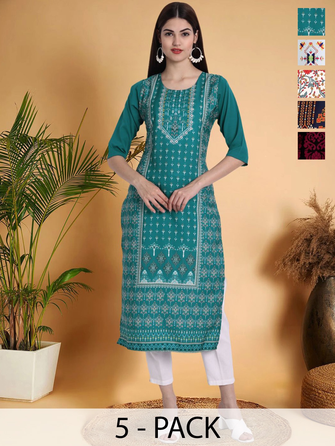 7Threads Selection Of 5 Ethnic Motifs Printed Round Neck Straight Kurtas, Teal