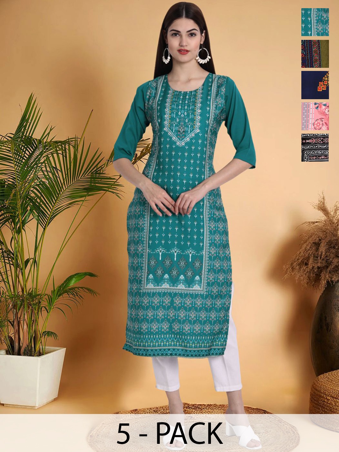 

7Threads Selection Of 5 Ethnic Motifs Printed Round Neck Straight Kurtas, Green
