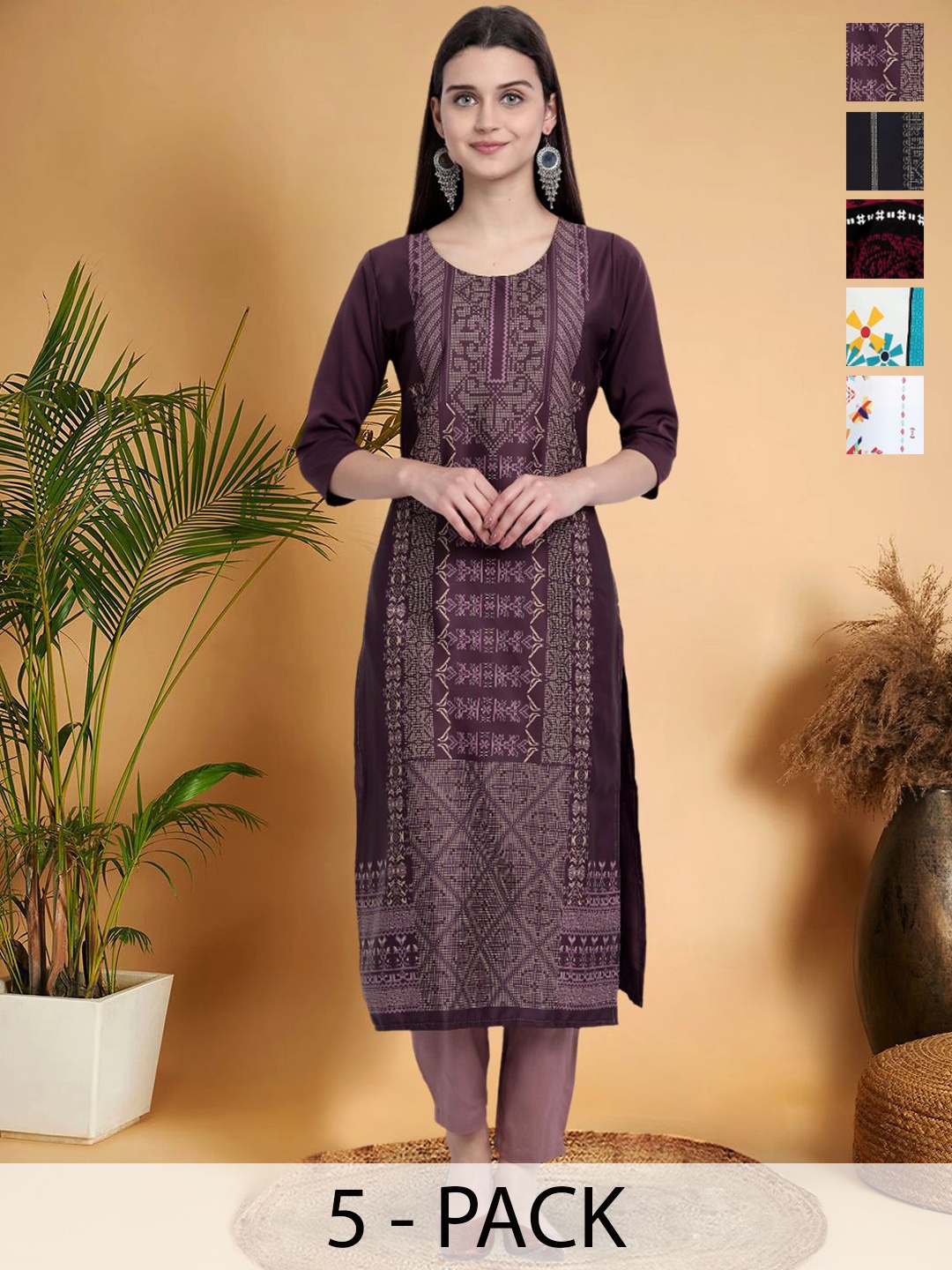 

7Threads Selection Of 5 Geometric Printed Round Neck Kurtas, Purple