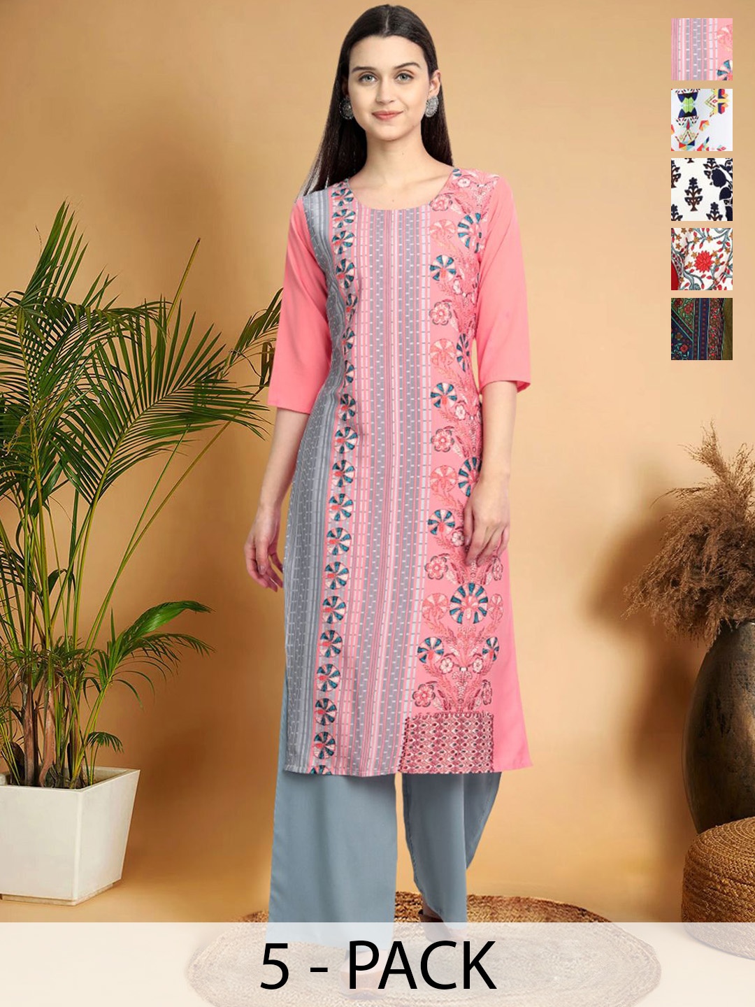 

7Threads Selection Of 5 Floral Printed Round Neck Kurtas, Pink