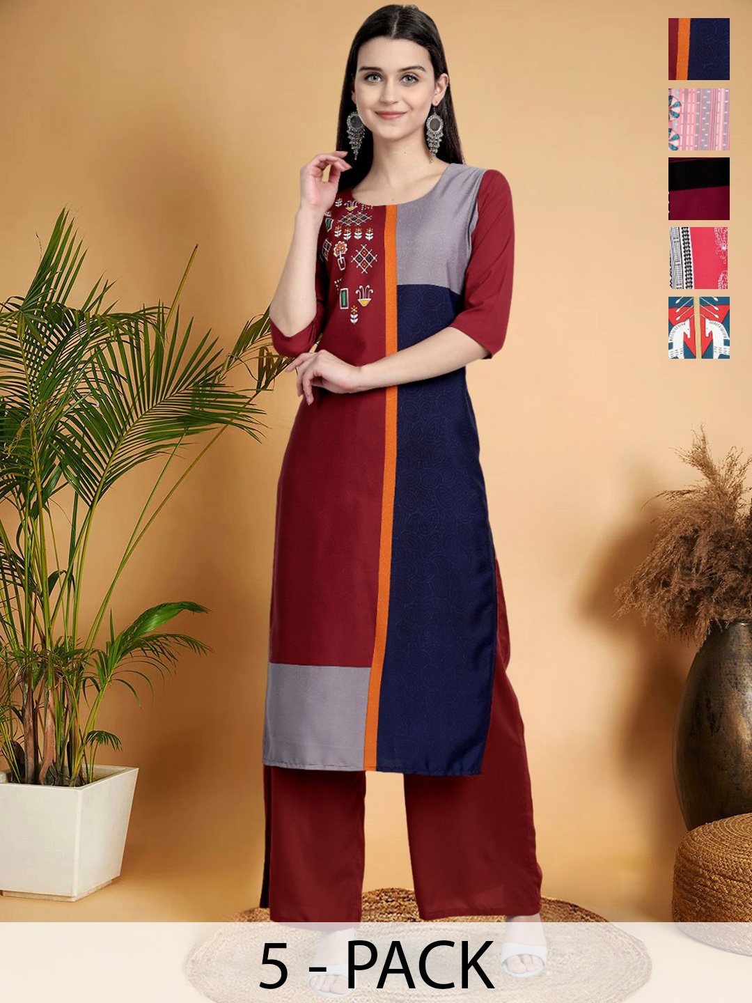 

7Threads Selection Of 5 Geometric Printed Round Neck Kurtas, Red