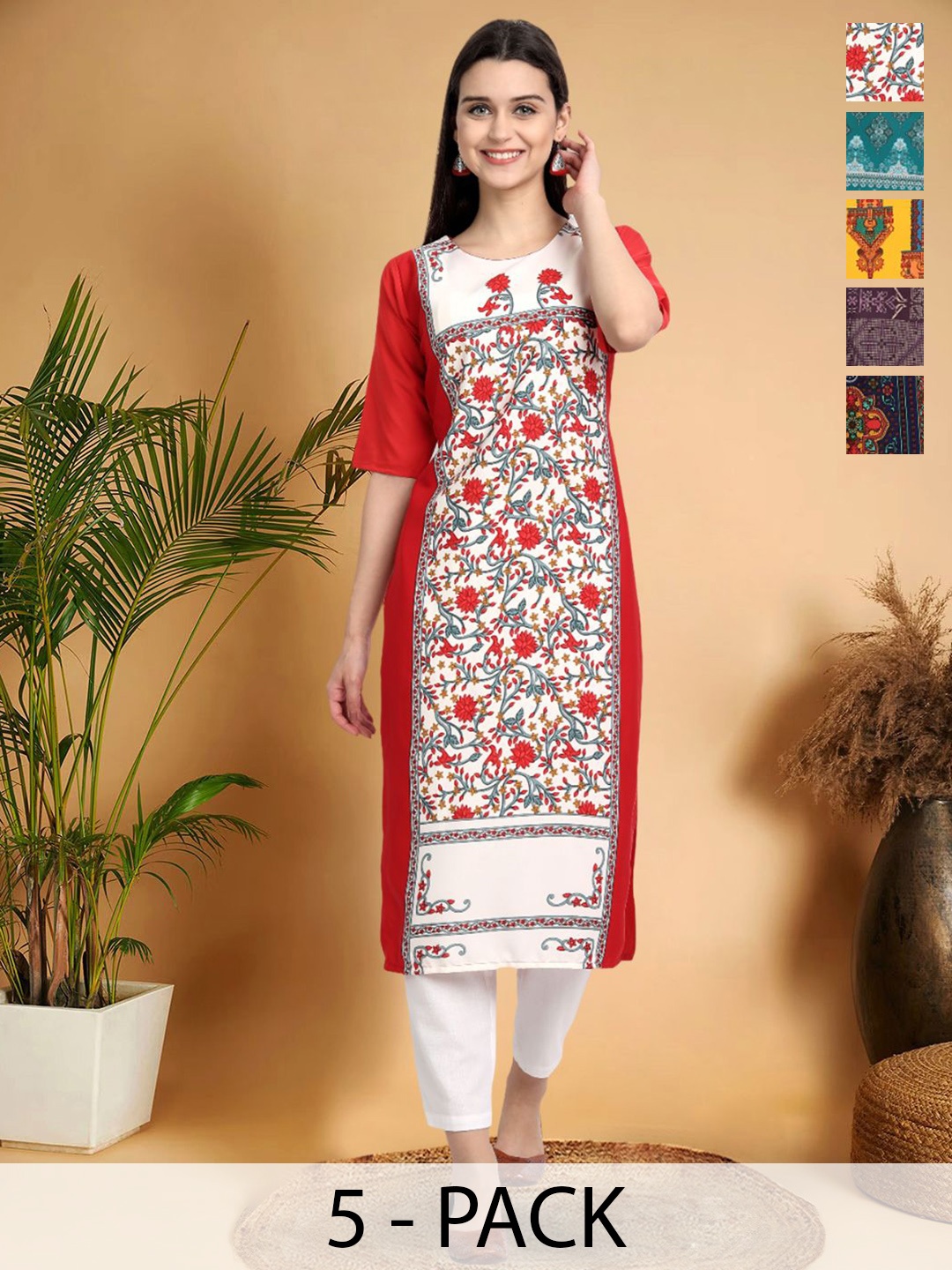 

7Threads Selection Of 5 Ethnic Motifs Printed Round Neck Kurtas, Red
