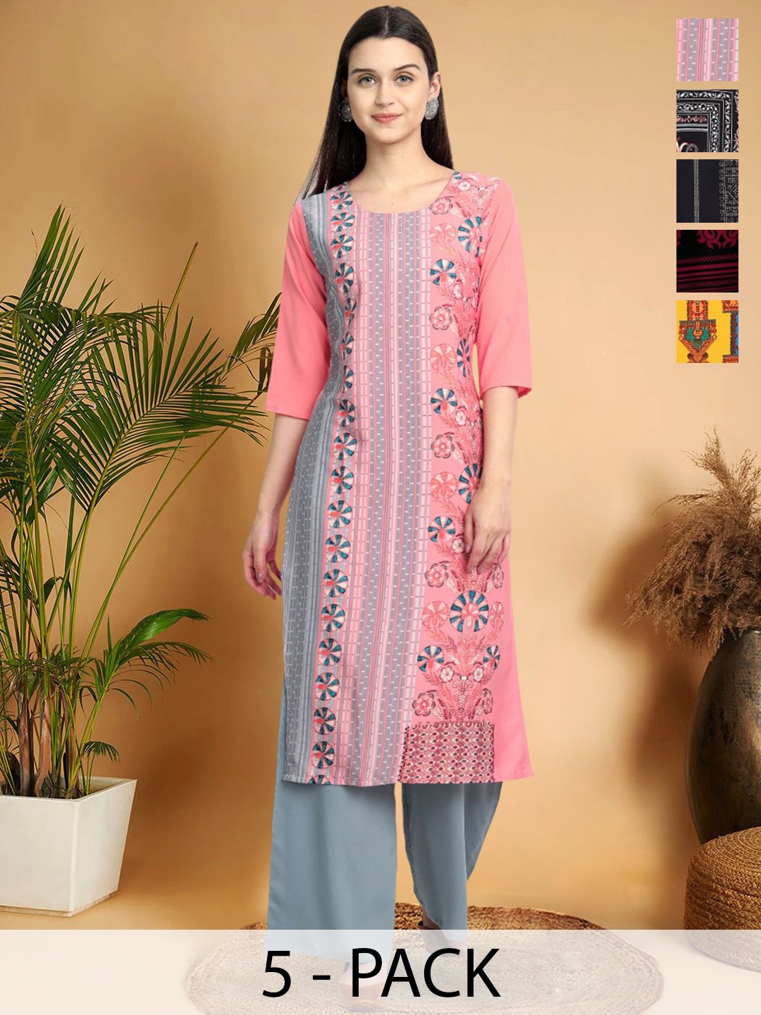 

7Threads Selection Of 5 Floral Printed Round Neck Straight Kurtas, Pink